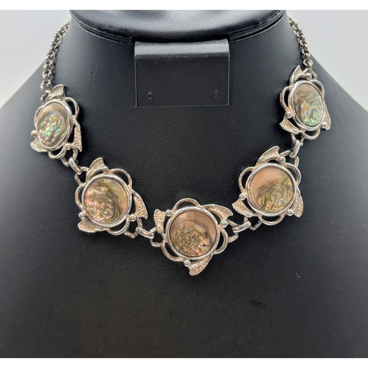 Vintage Silver Tone Abalone Shell Station Chain Hook Clasp 15" Choker Necklace