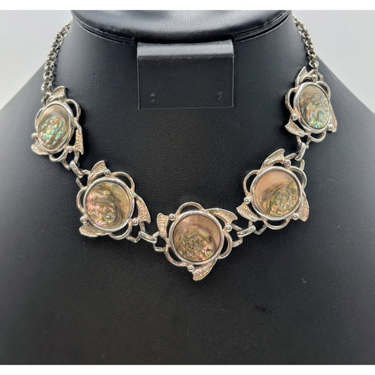 Vintage Silver Tone Abalone Shell Station Chain Hook Clasp 15" Choker Necklace