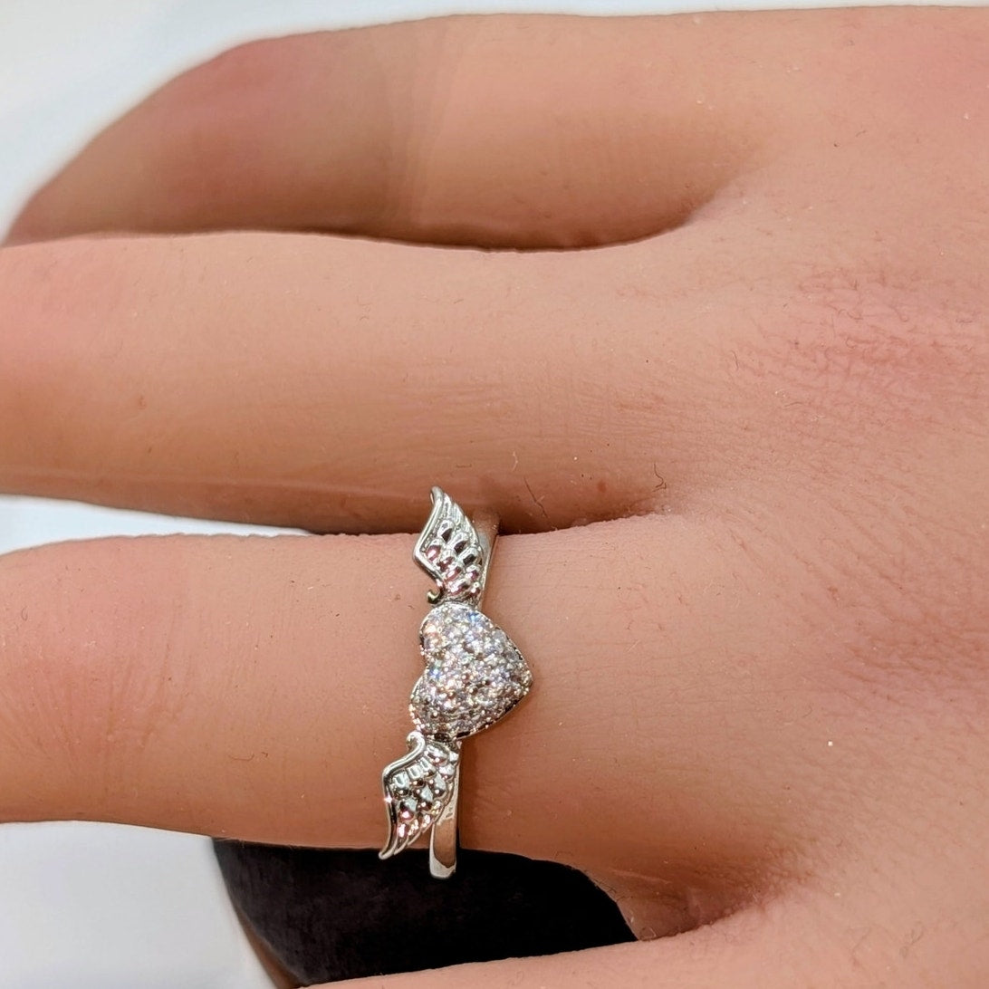 Pave CZ Heart Wing Silver Tone Ring Size 7.75