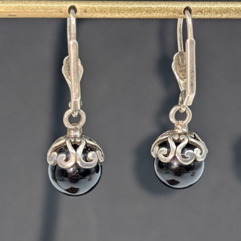 Silver Tone Black Stone or Glass Bead Filigree Lever Back Dangle Earrings