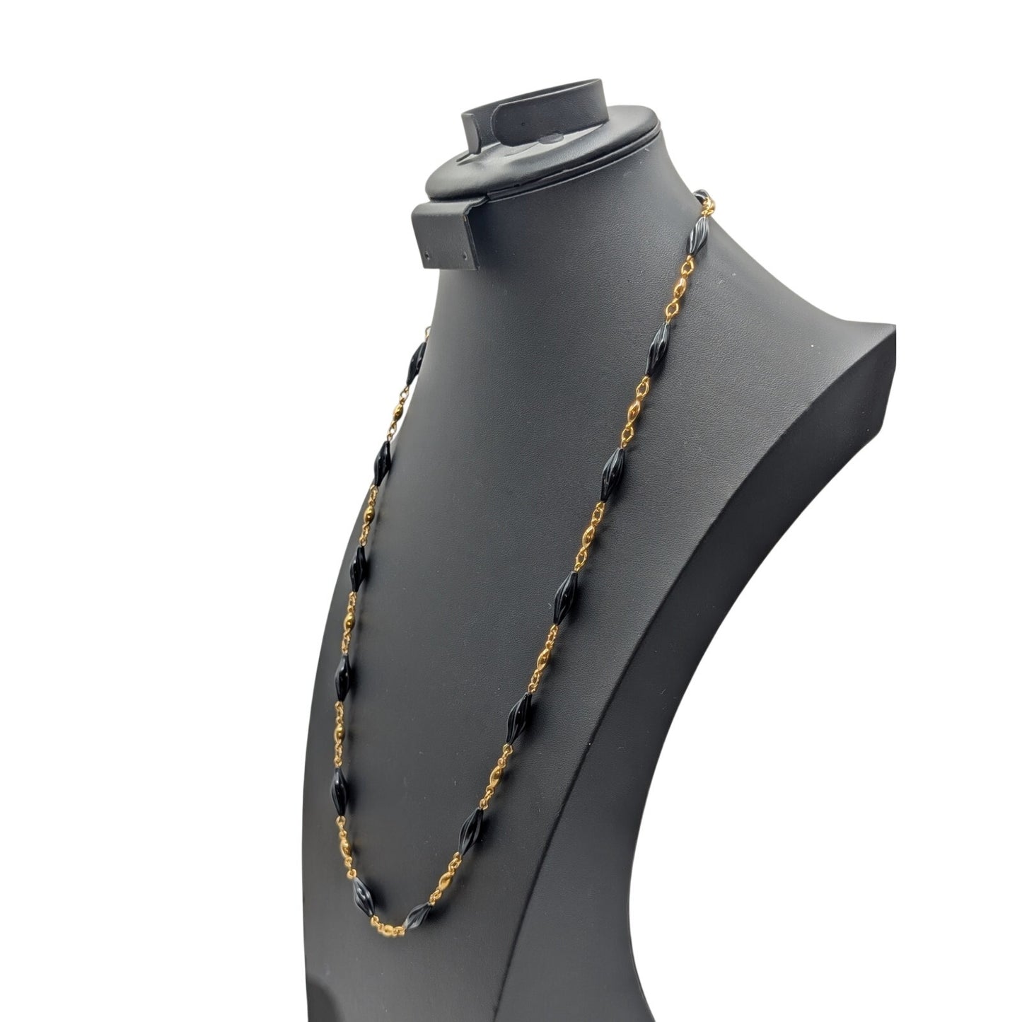 Vintage Trifari Gold Tone Black Carved Twisted Cylinder Glass Bead 31" Necklace