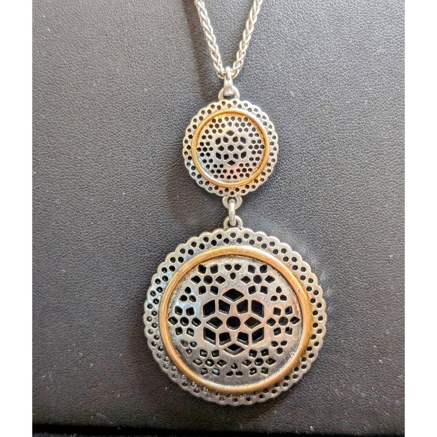 Lucky Brand Two Toned Openwork Double Medallion Pendant 27.5"-29.5" Necklace