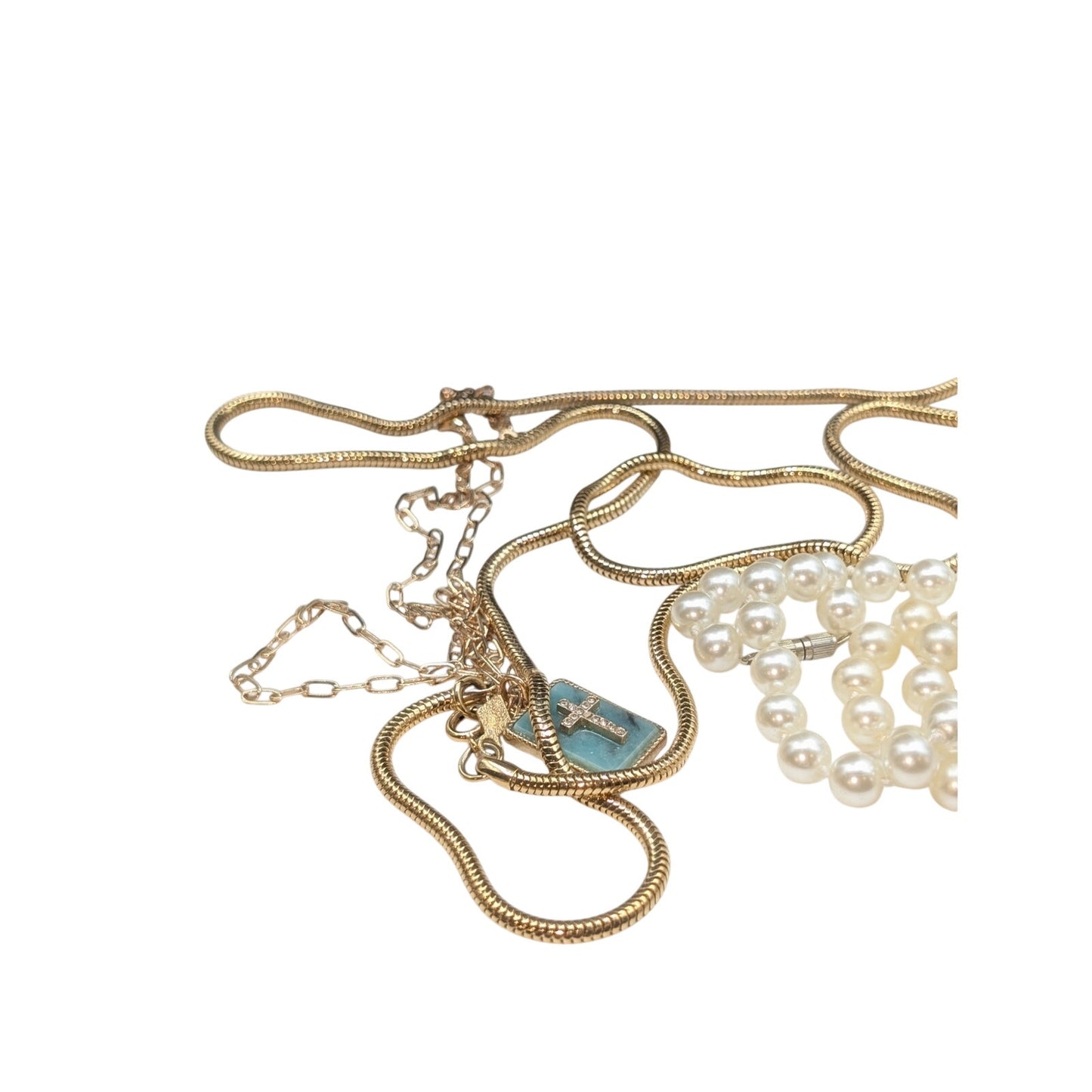 Lot of 4 Gold Tone Necklaces-Short Pearl Long Pearl Long Snake Chain & Cross