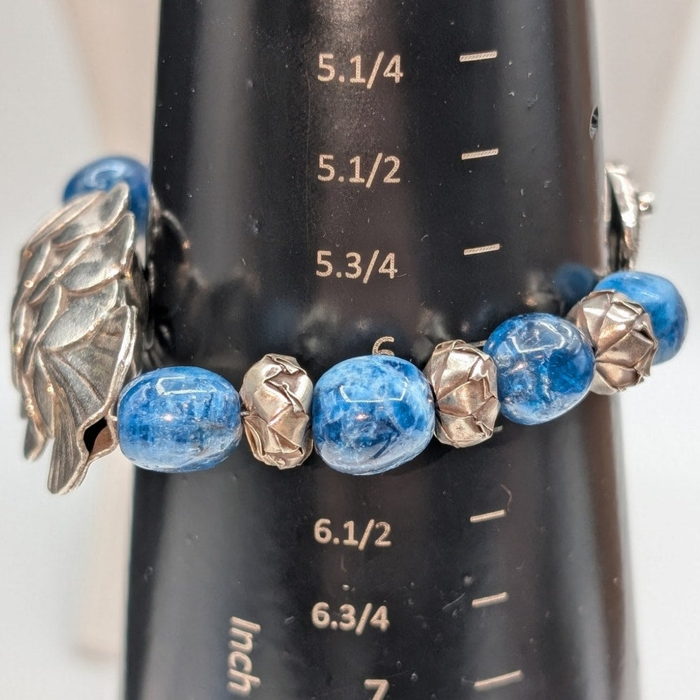 SS 925 Laura Stamped 7.5" Artisan Fish Bracelet w/Blue Accents & Toggle Clasp
