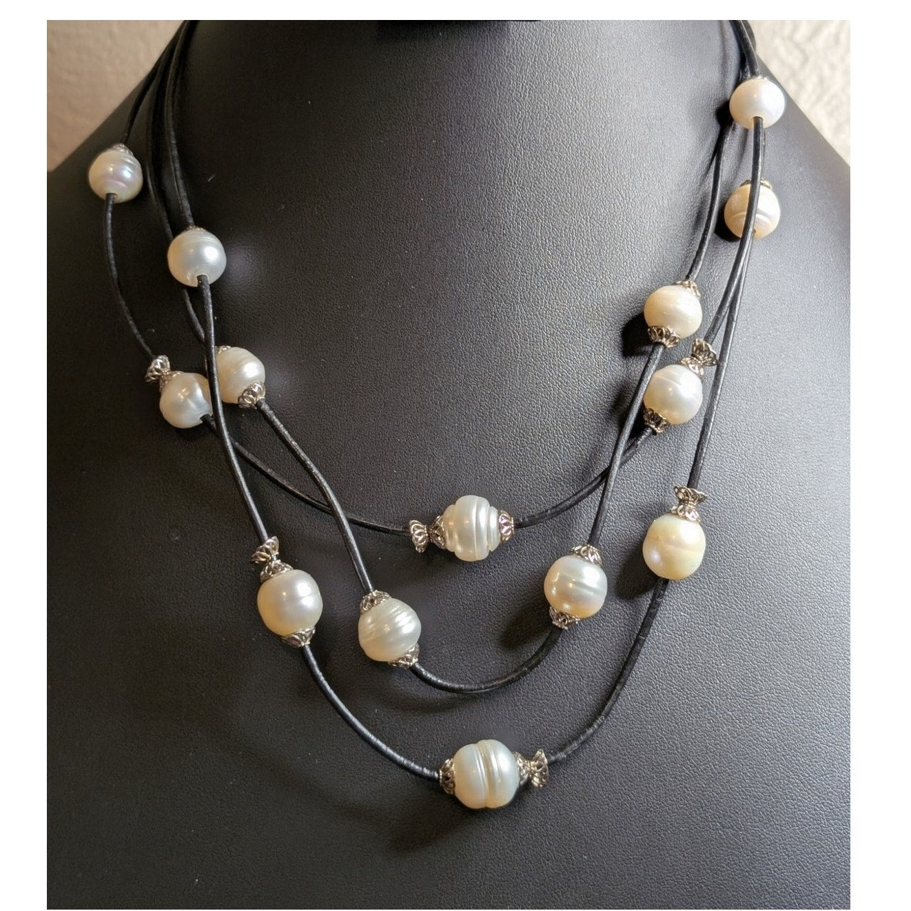 925 Sterling Three Strand Floating Genuine Freshwater Pearl Corded Necklace