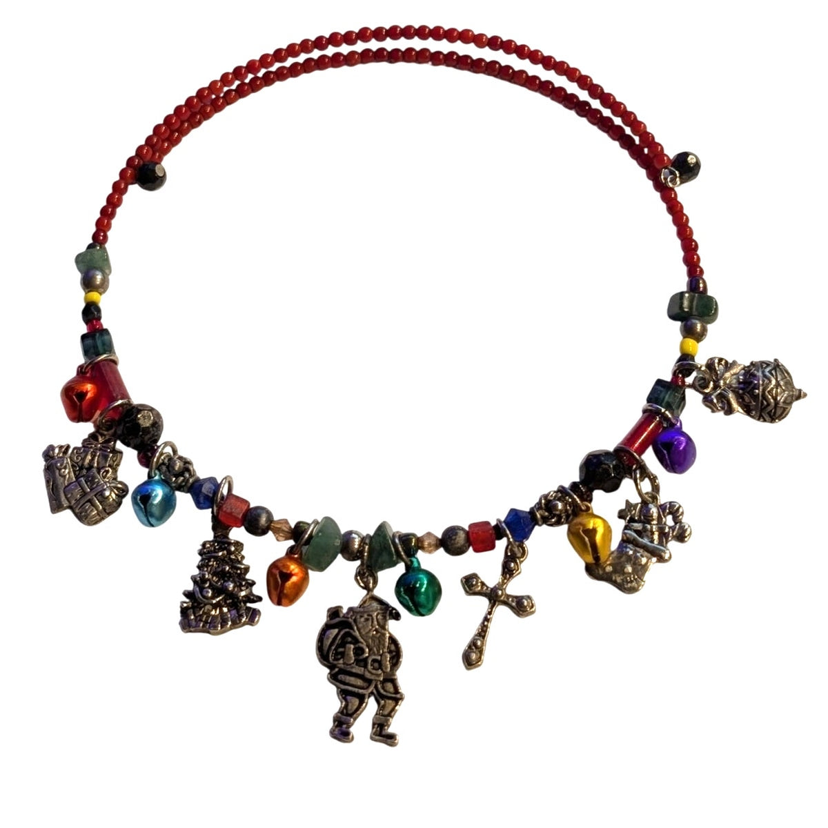 Vintage Christmas Beaded Dangling Charm Wire Choker Necklace