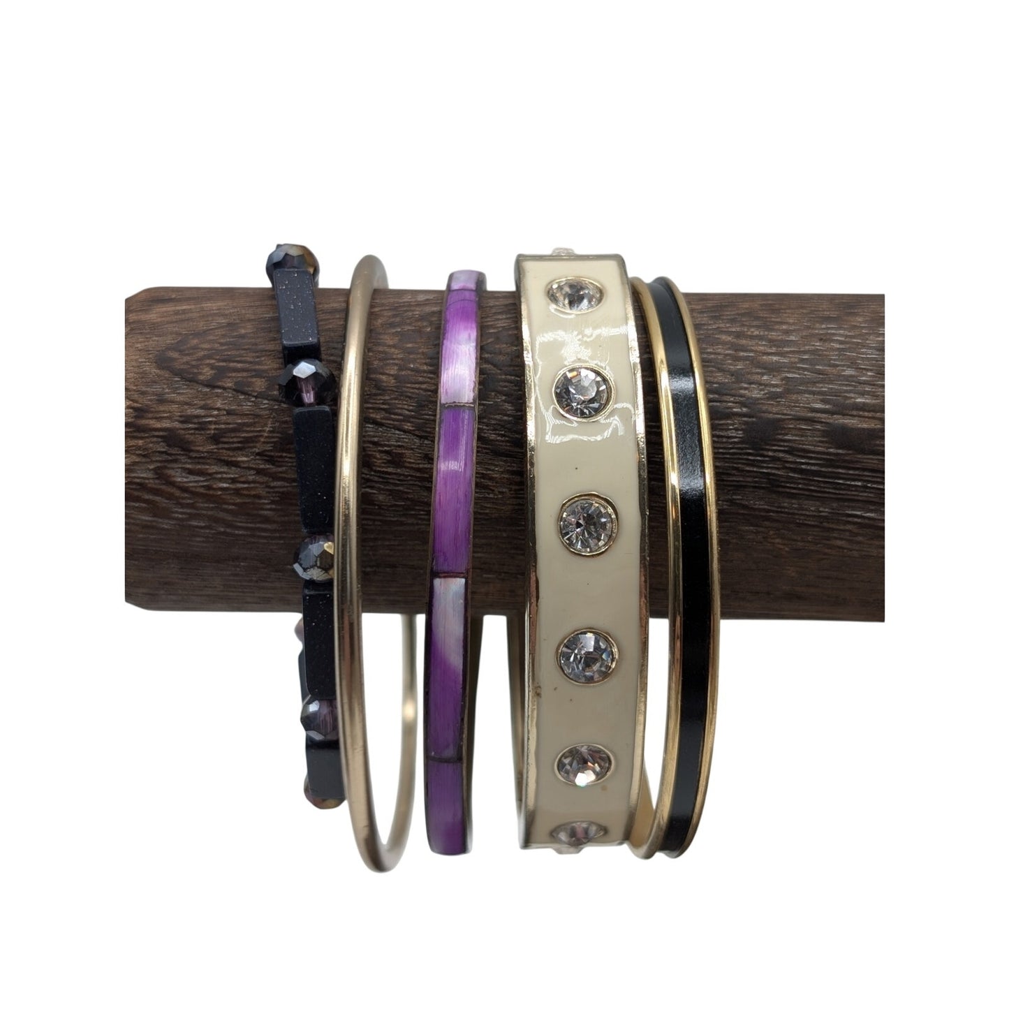 Lot of Four Purple Cream Black Theme Bangles & One Purple Stone Bead Bracelets