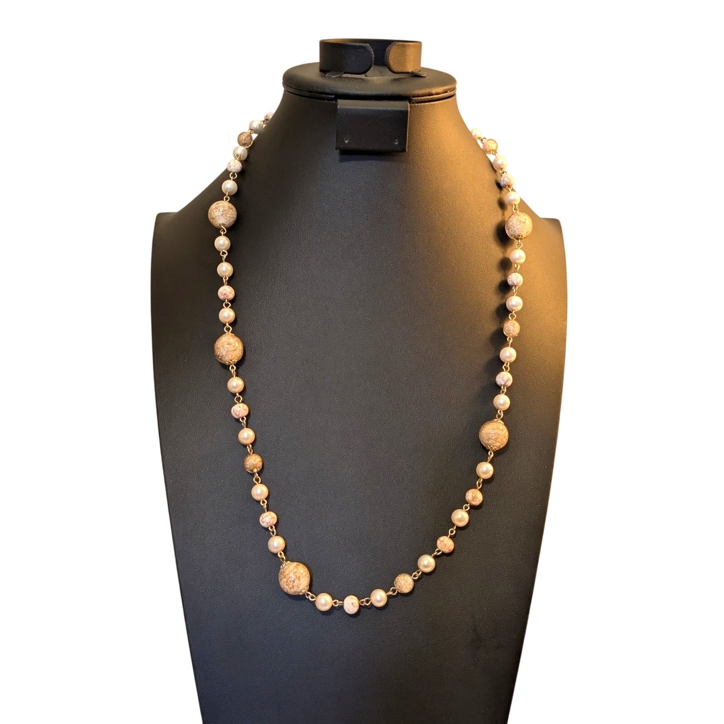 Vintage Venetian Glass Faux Pearl Beaded Chain Necklace W/ Barrel Clasp