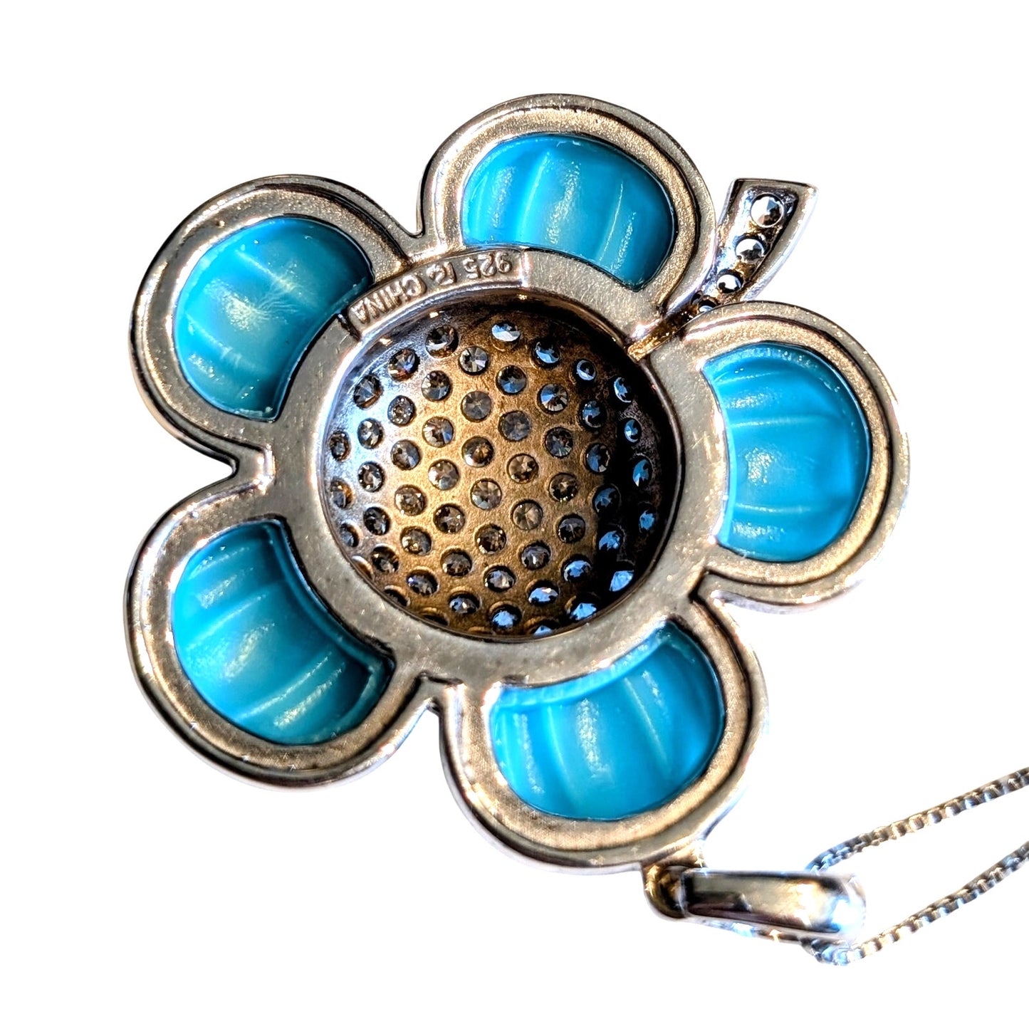 ROSS-SIMONS 925 Simulated Italian Turquoise CZ Flower Pendant Chain Necklace
