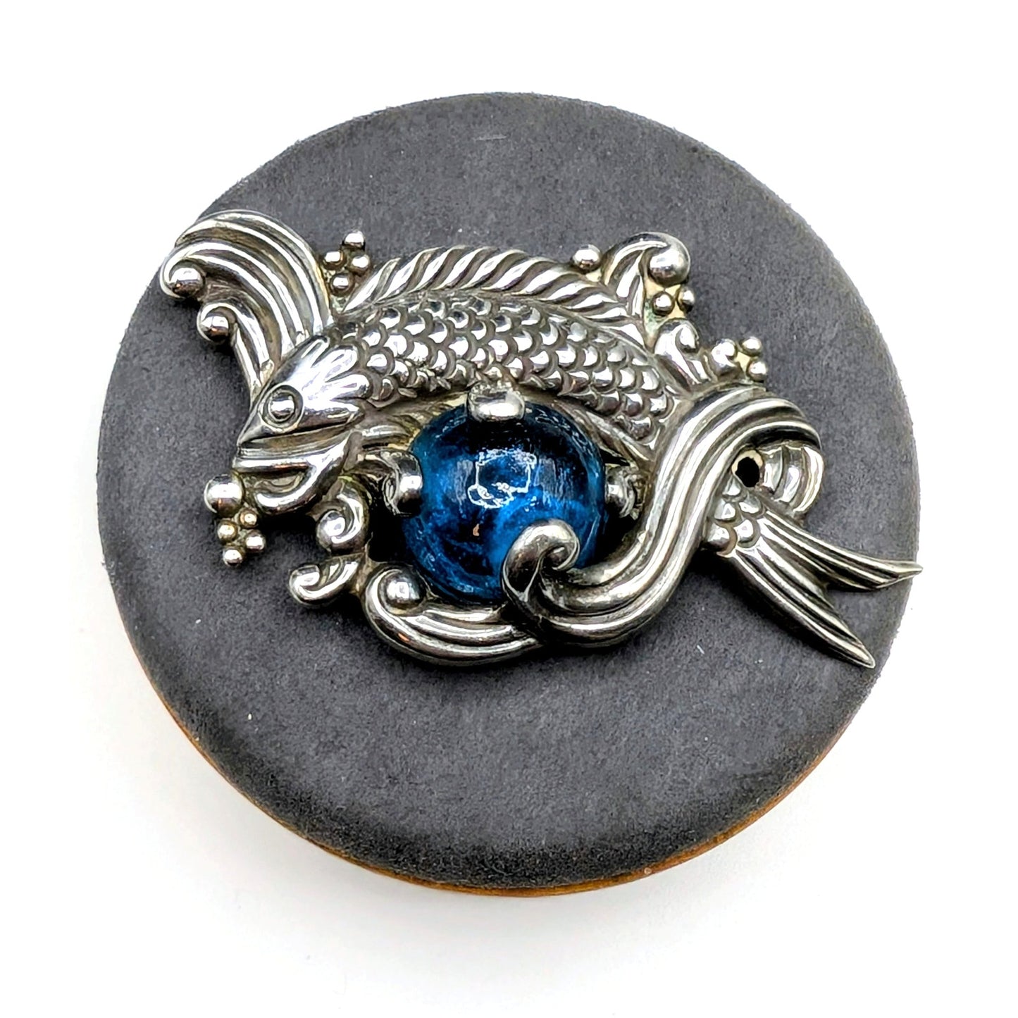 Rare VTG Los Castillo Taxco Sterling Silver Blue Glass Fish in Waves Brooch