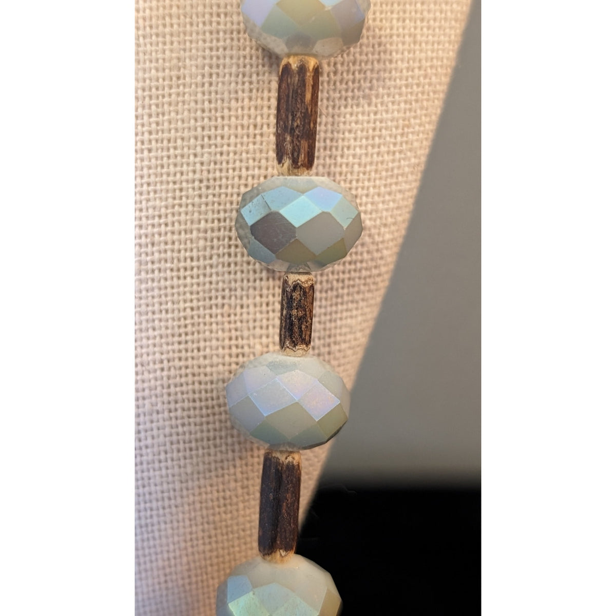 Plunder Designs Wood Smokey Blue Faceted Glass Crystal Bead Long Strand Necklace