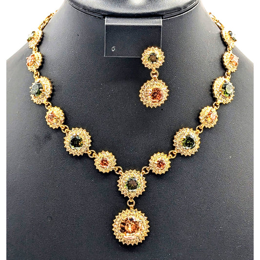 Vintage Gold Tone Topaz & Green Color Crystal CZ 17" Necklace & One Earring
