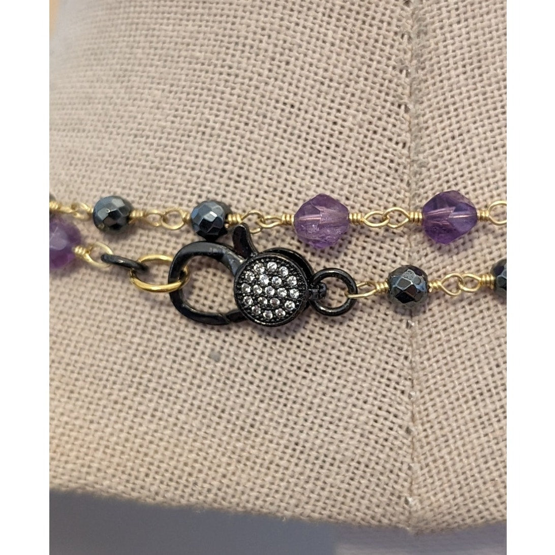 Amethyst Black Spinel Gemstone Rosary Style Beaded 38" Necklace