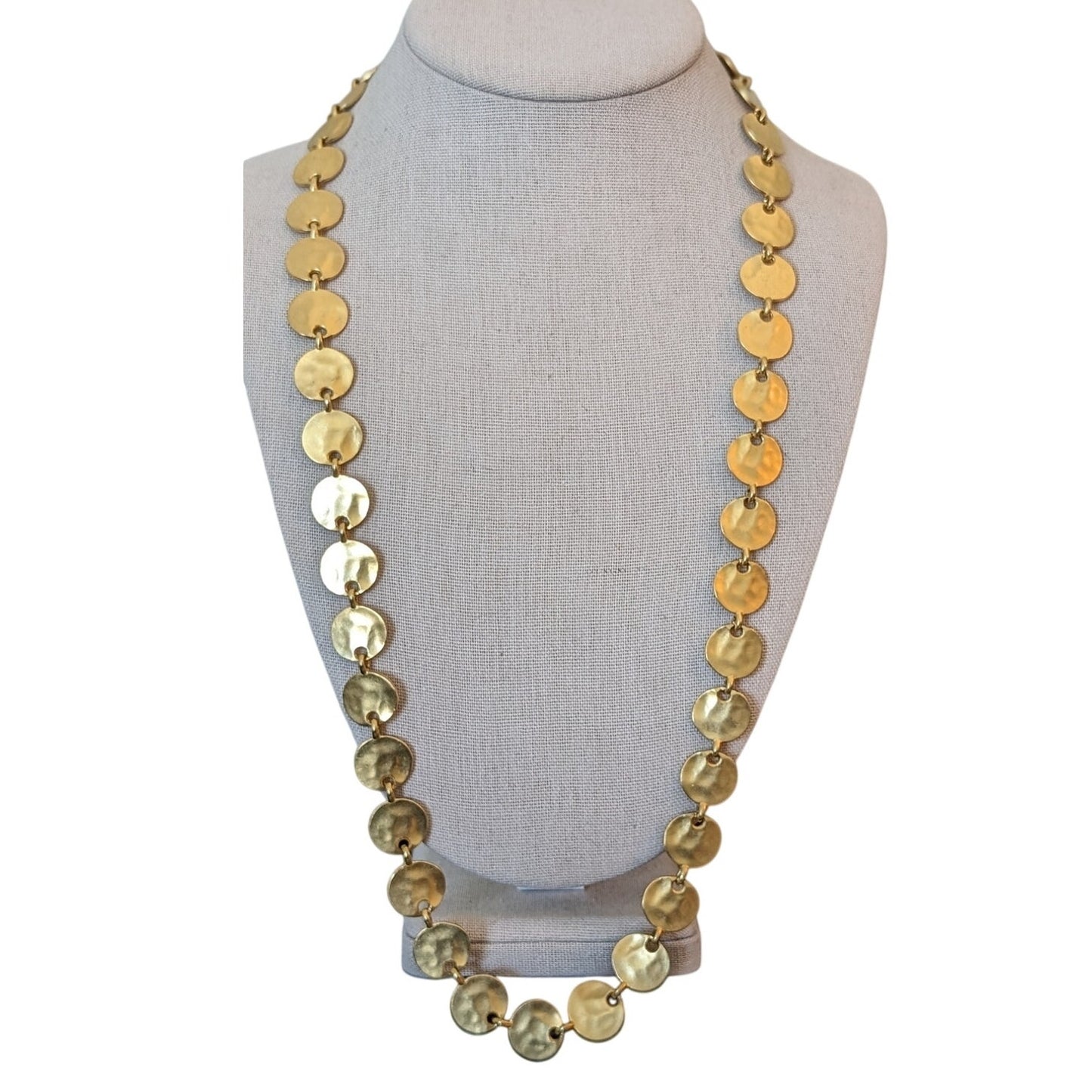 Premier Designs Satin Finish Gold Tone Hammered Disk Chain 28" Long Necklace