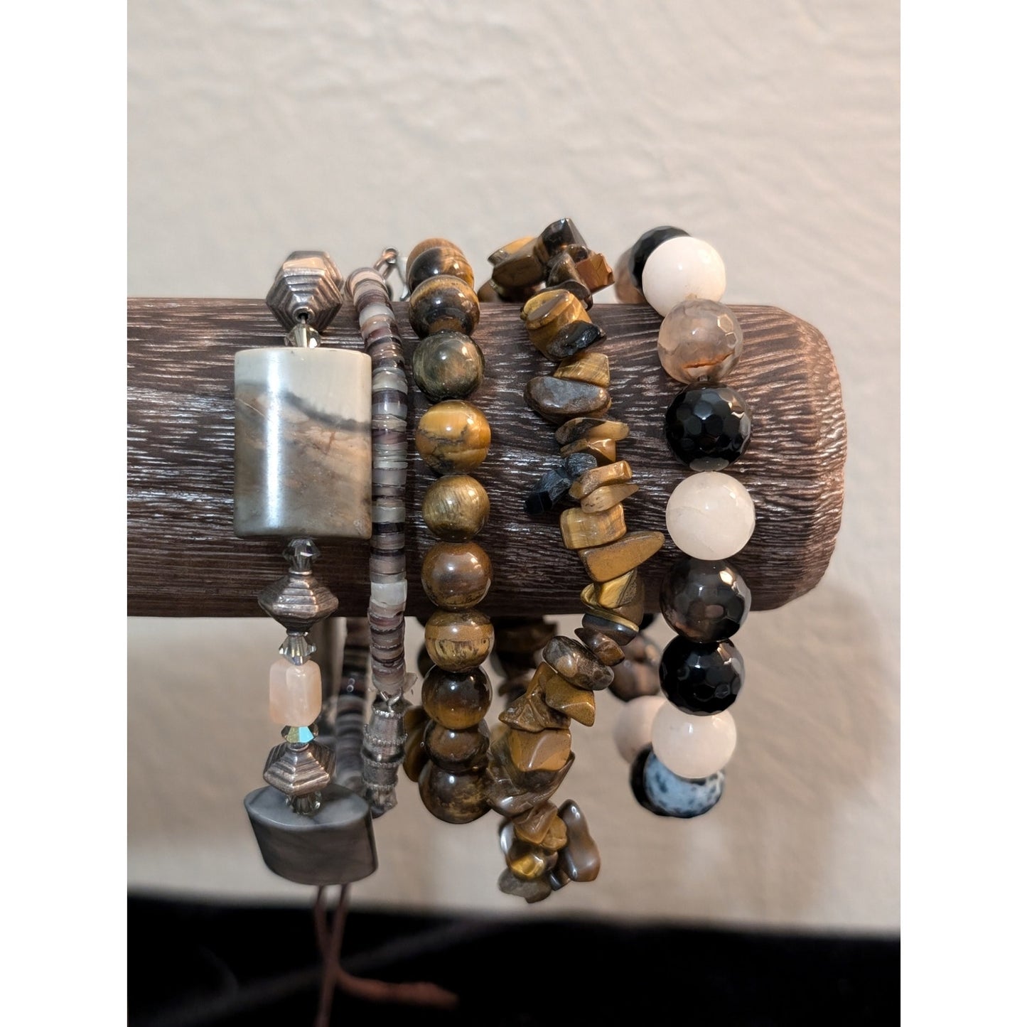 Five Black Gray Brown White Bead/Stone/Crystal Bracelet Lot