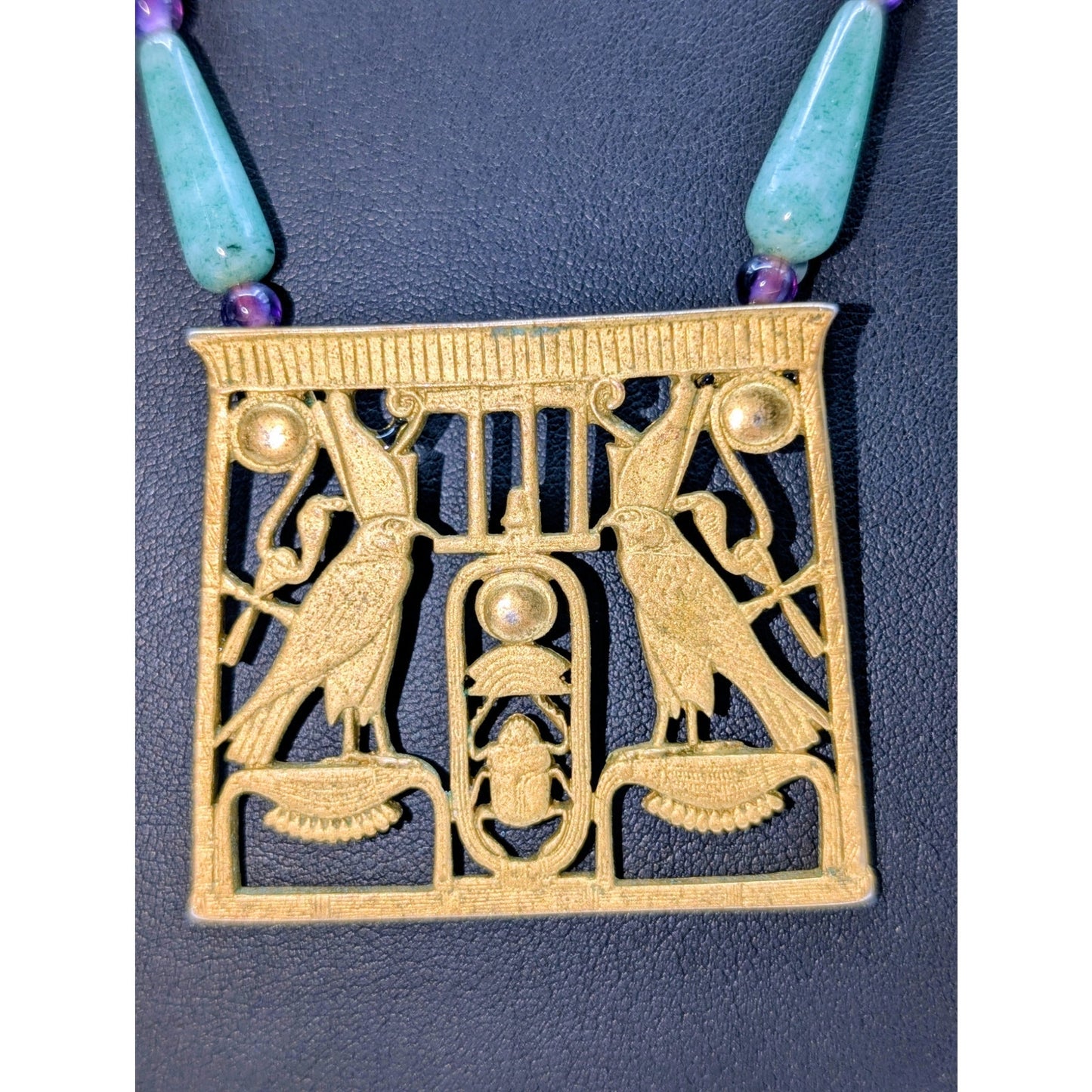 Vintage MMA 1976 Egyptian Scarab Falcon Gold Tone Pectoral Stone Bead Necklace