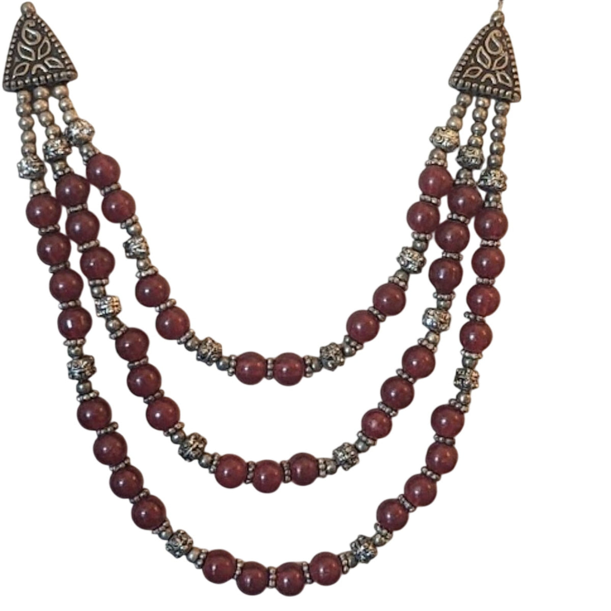 Vtg One Into Three Strand Red Glass Bead Silver Tone Necklace with Hook Clasp