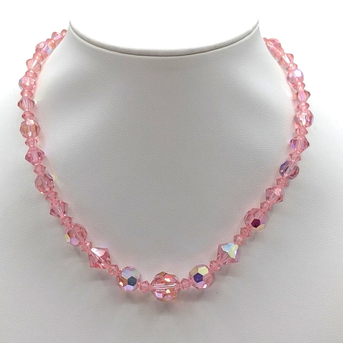 Vintage Pink Faceted AB Crystal Graduated Bead Hook Clasp 14"-15.5" Necklace