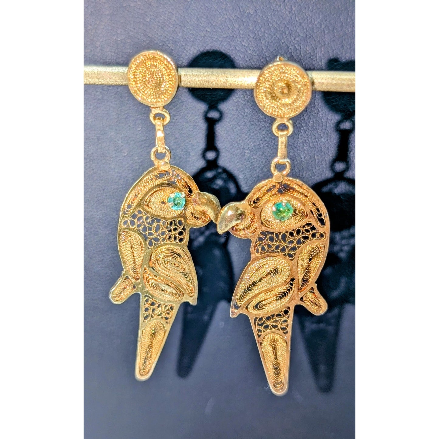 24K Gold Plated Artisan Created Filigree Parrot Dangle Pierced Earrings