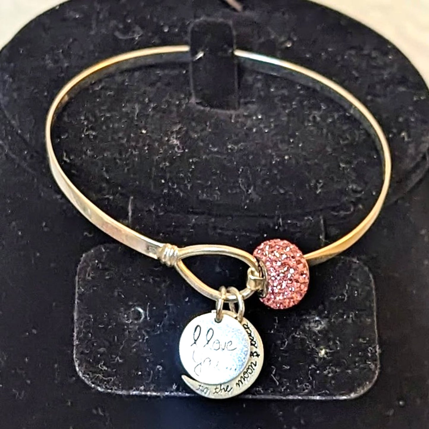 925 I Love You To the Moon and Back Charmed Bangle with Pink Crystal Charm