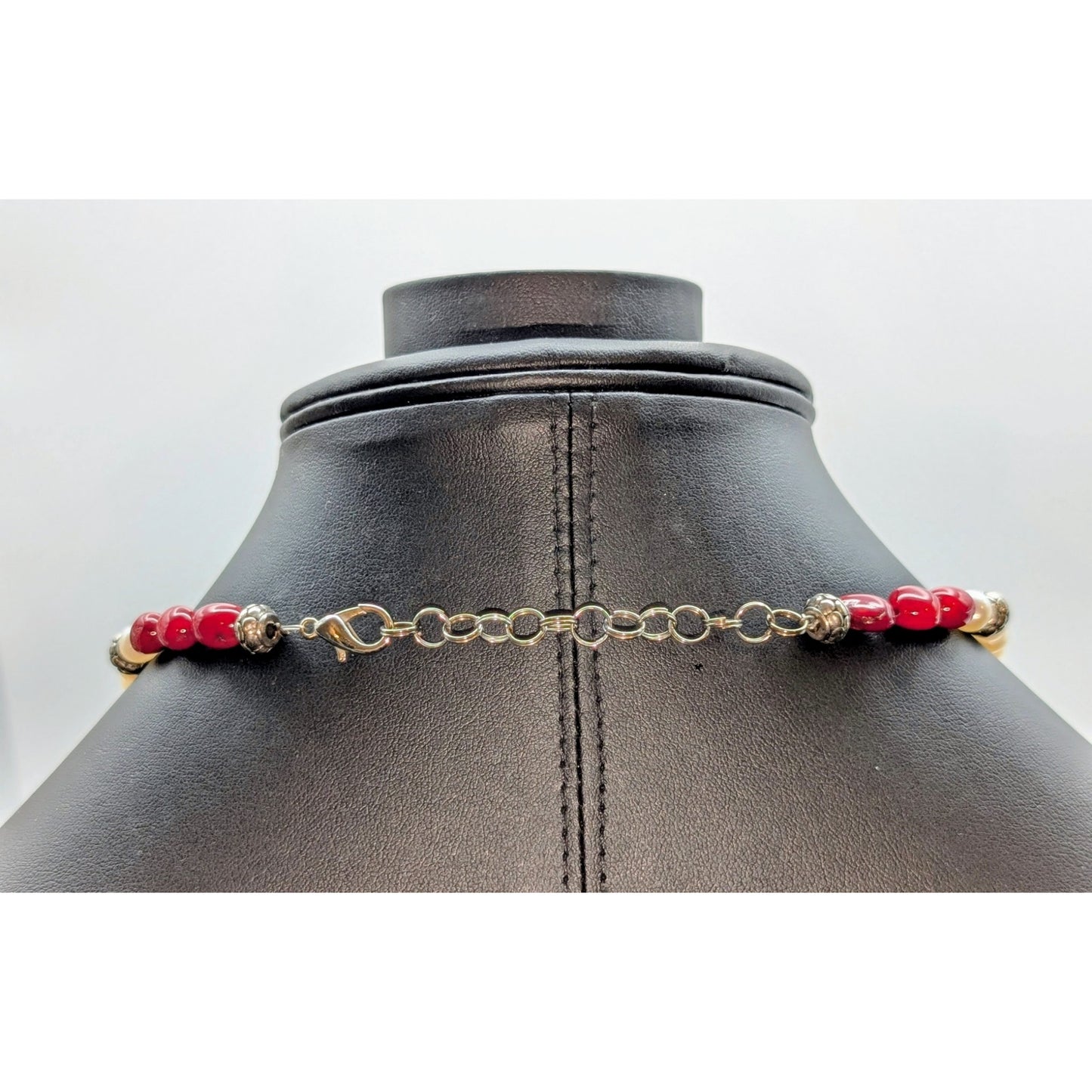 Red Coral Freshwater Pearl Silver Tone Beaded Necklace