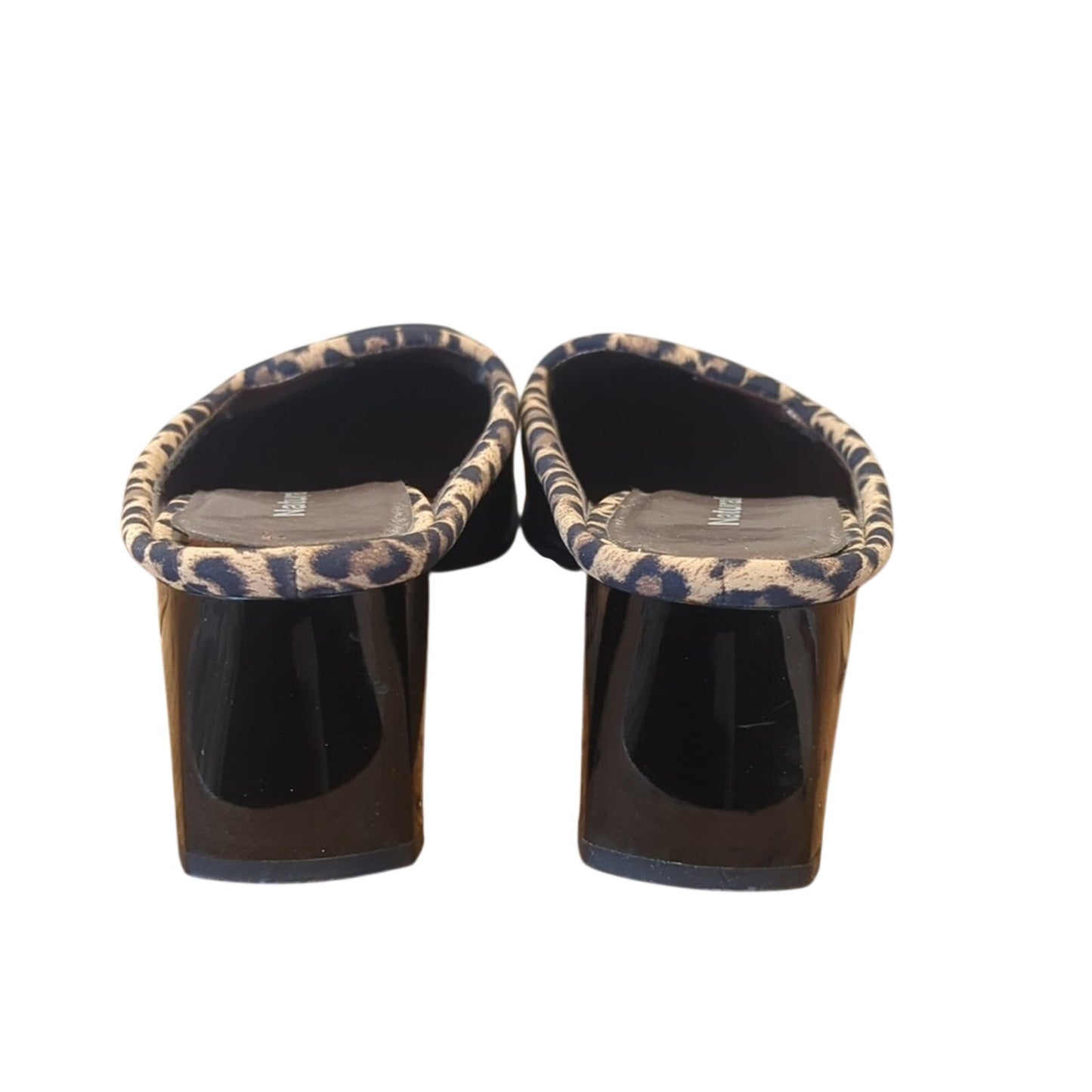 Naturalizer Black Fabric Mule w/ Animal Print Trim & Patent Leather Heels Sz 8.5