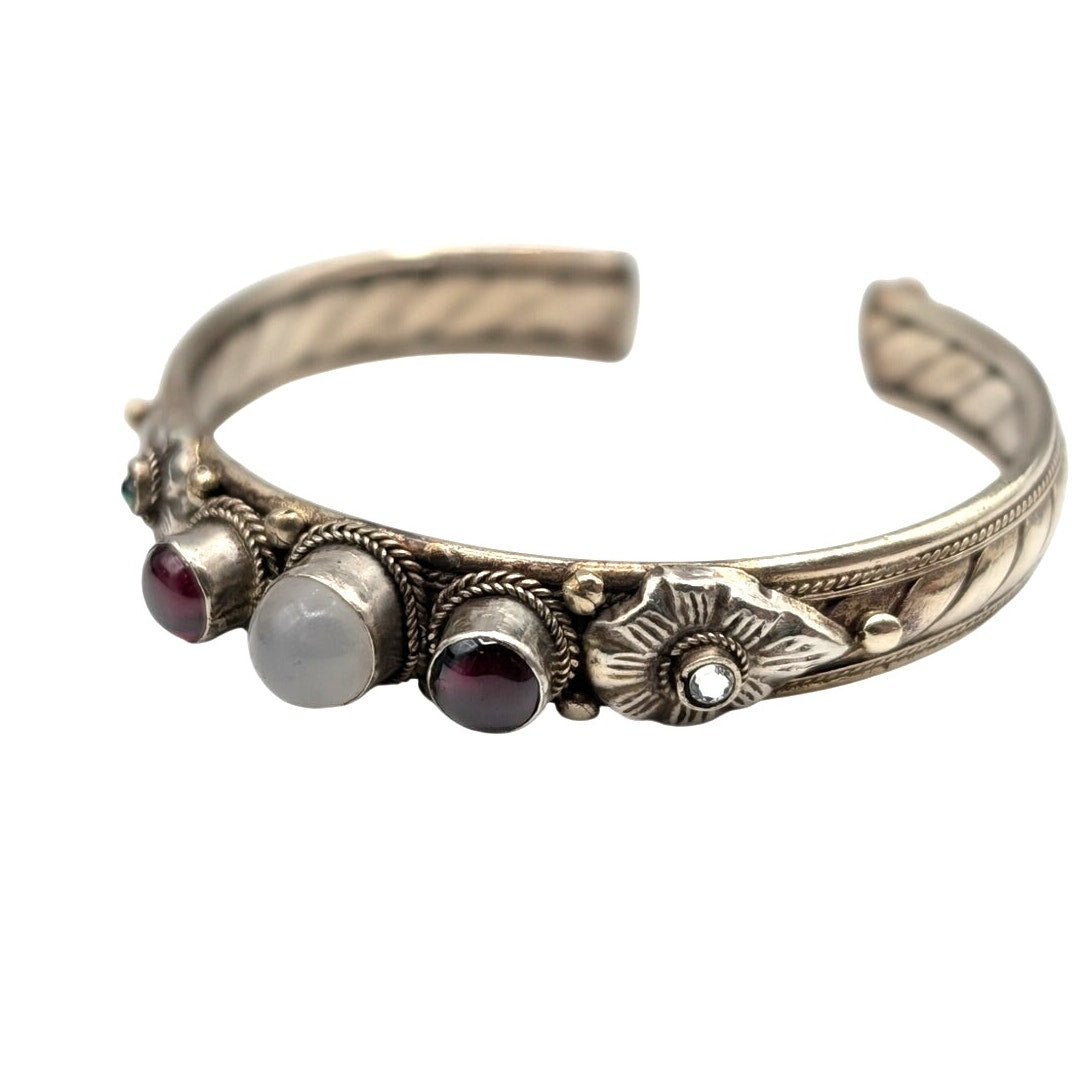 Vintage 70s Silver Metal Semi-Precious Stones India Cuff Bracelet