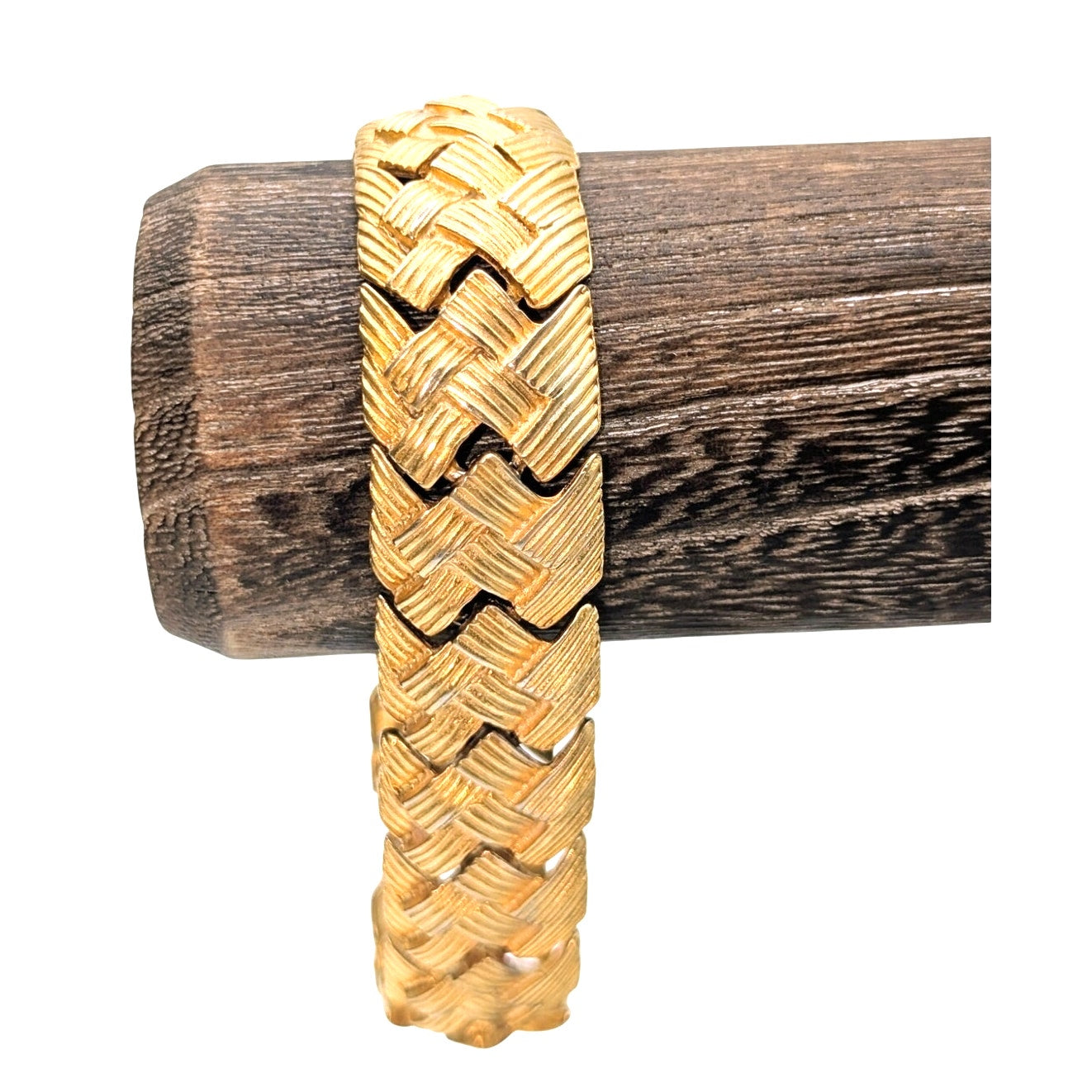 Vtg Brushed Gold Tone Made in USA Articulated Station Basketweave Style Bracelet