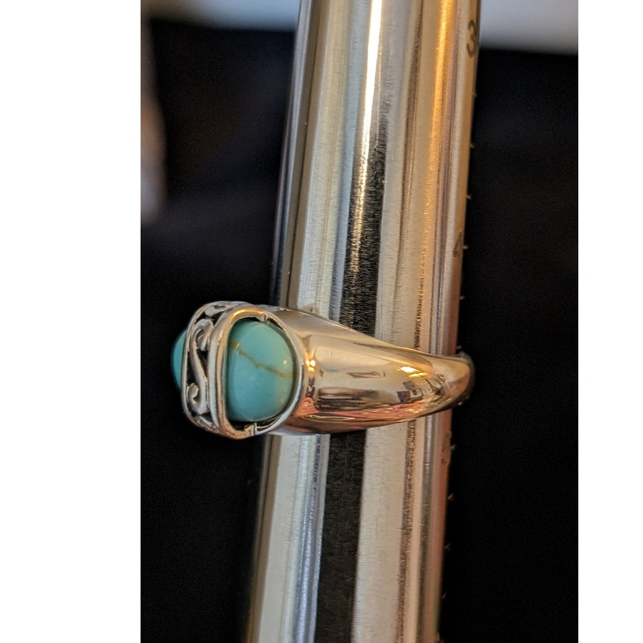 Filigree Overlaid Turquoise Marked 925 Sterling PD Ring Size 4.5