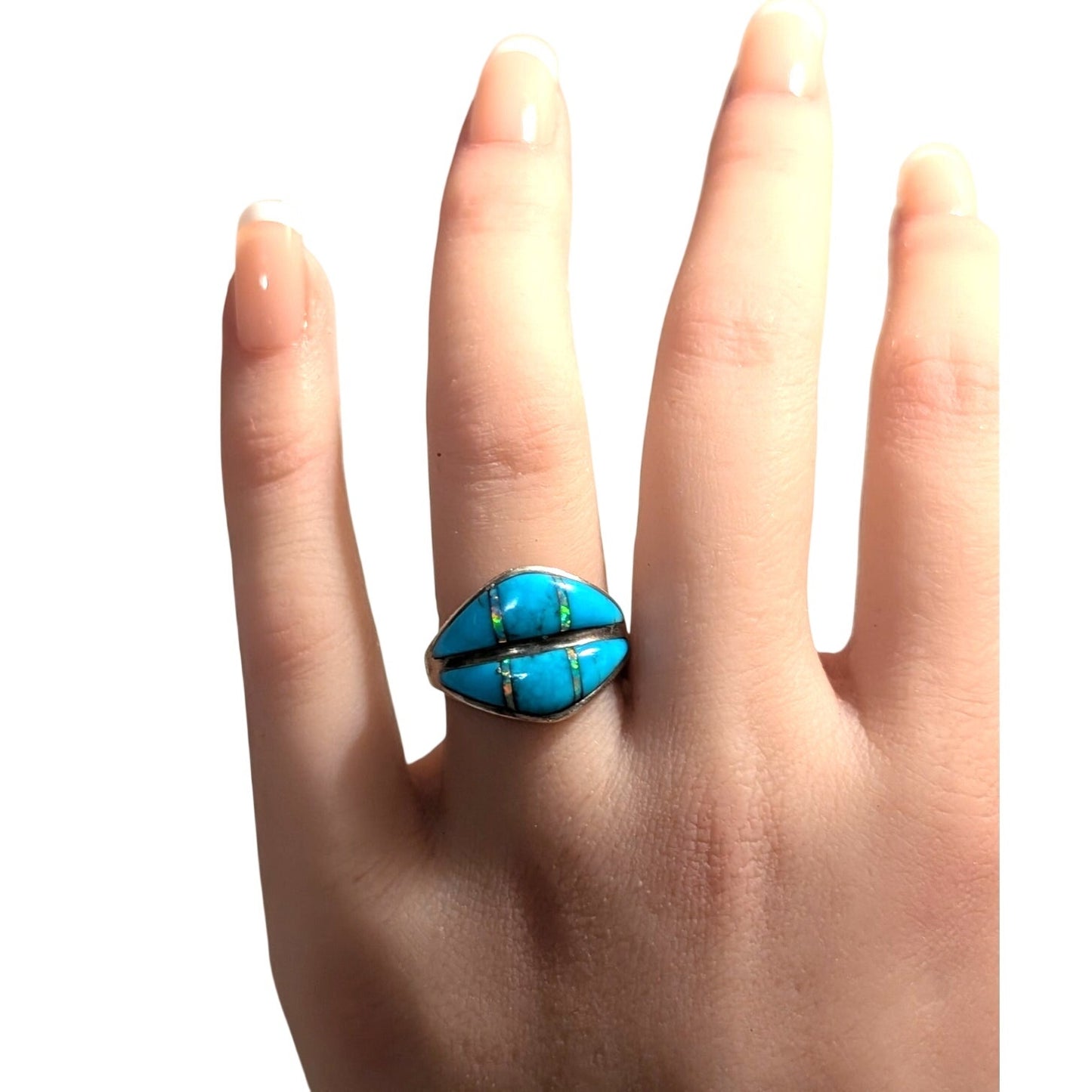 VTG Hallmark Stamped 'Feather Sterling' Turquoise Opal Inlay Ring Sz 6.5-6.75