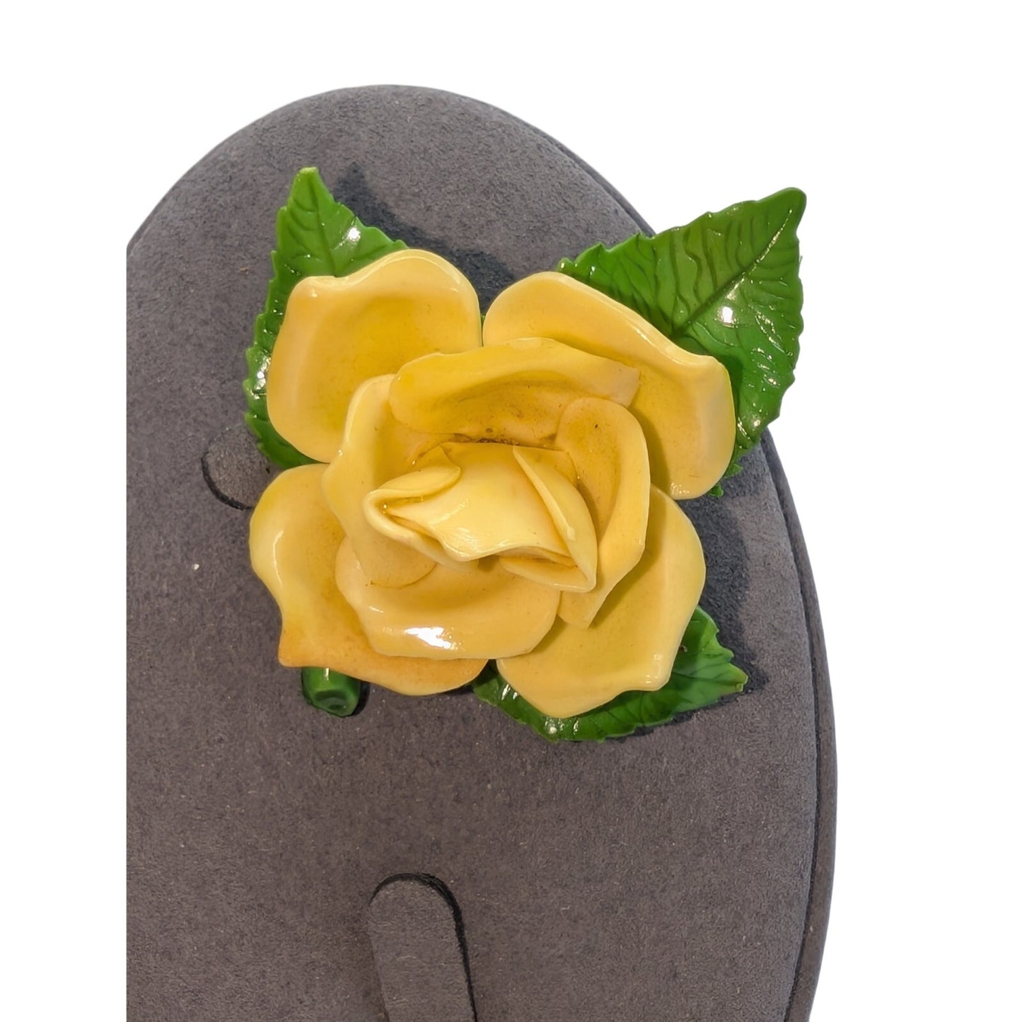 Vintage Yellow Rose Green Leaves Plastic Flower Brooch