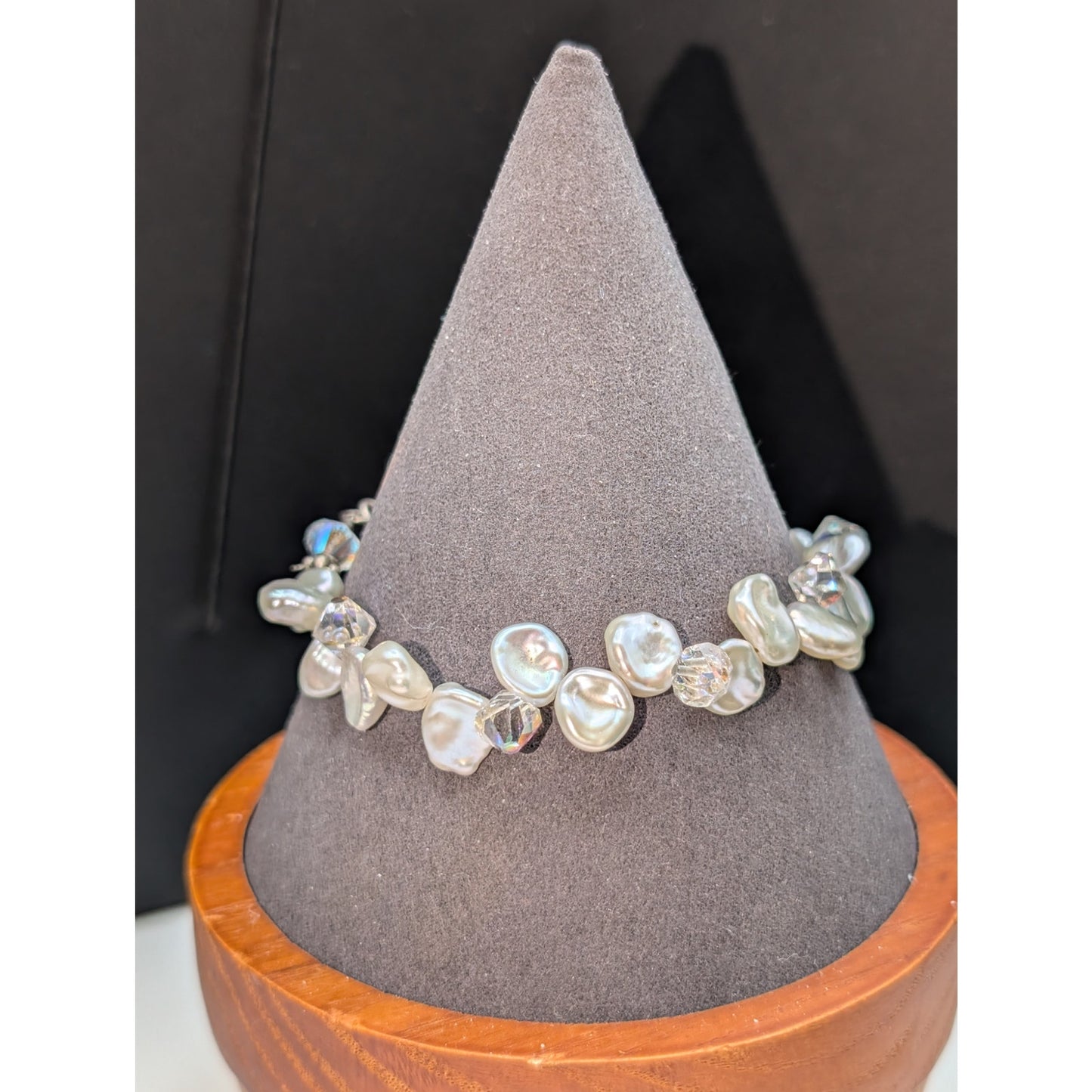 925 Sterling Silver Genuine Pearl Austrian AB Crystal W/ Dangles Bracelet