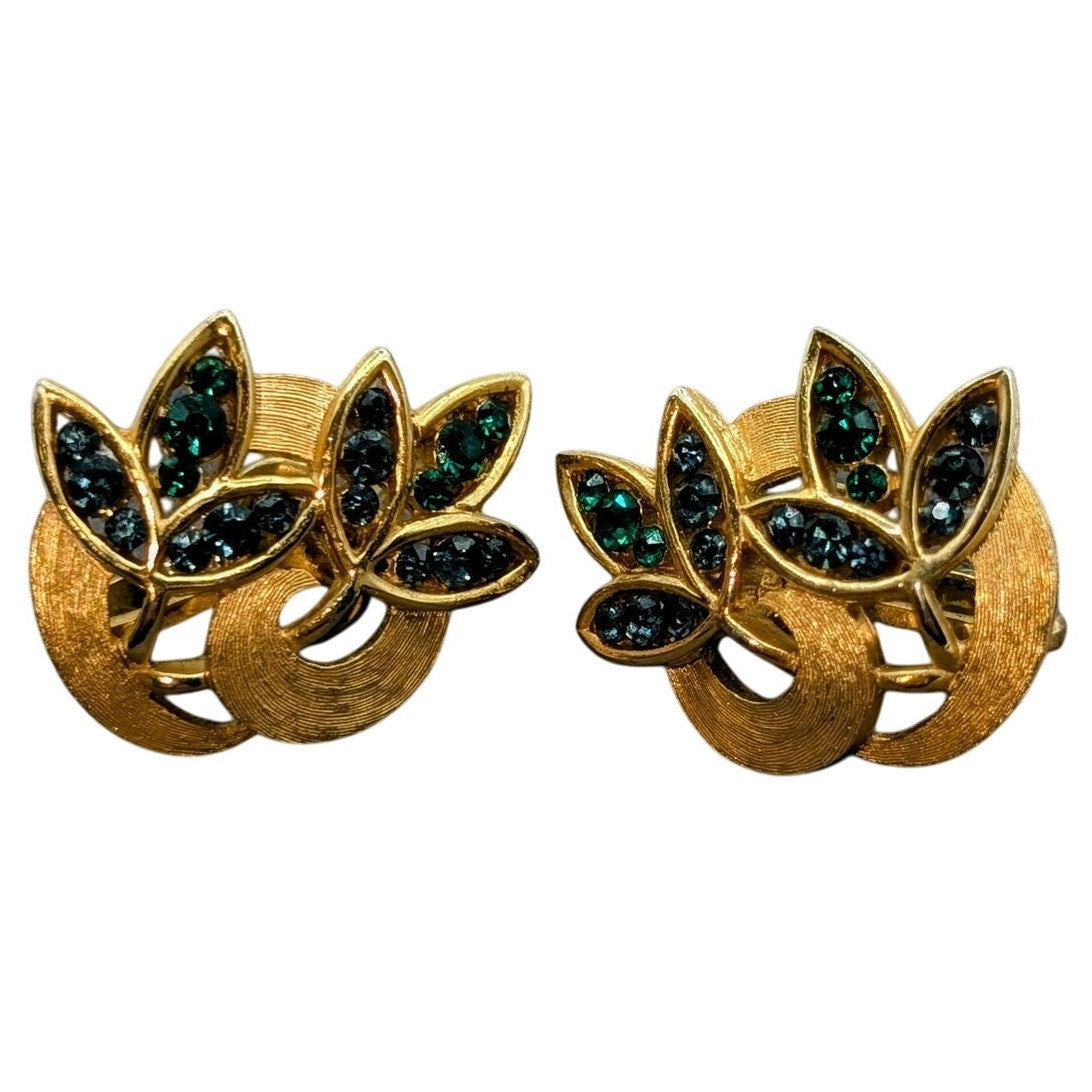 VTG Signed Crown Trifari Blue Green Rhinestone Leaf Brushed Gold Tone Earrings