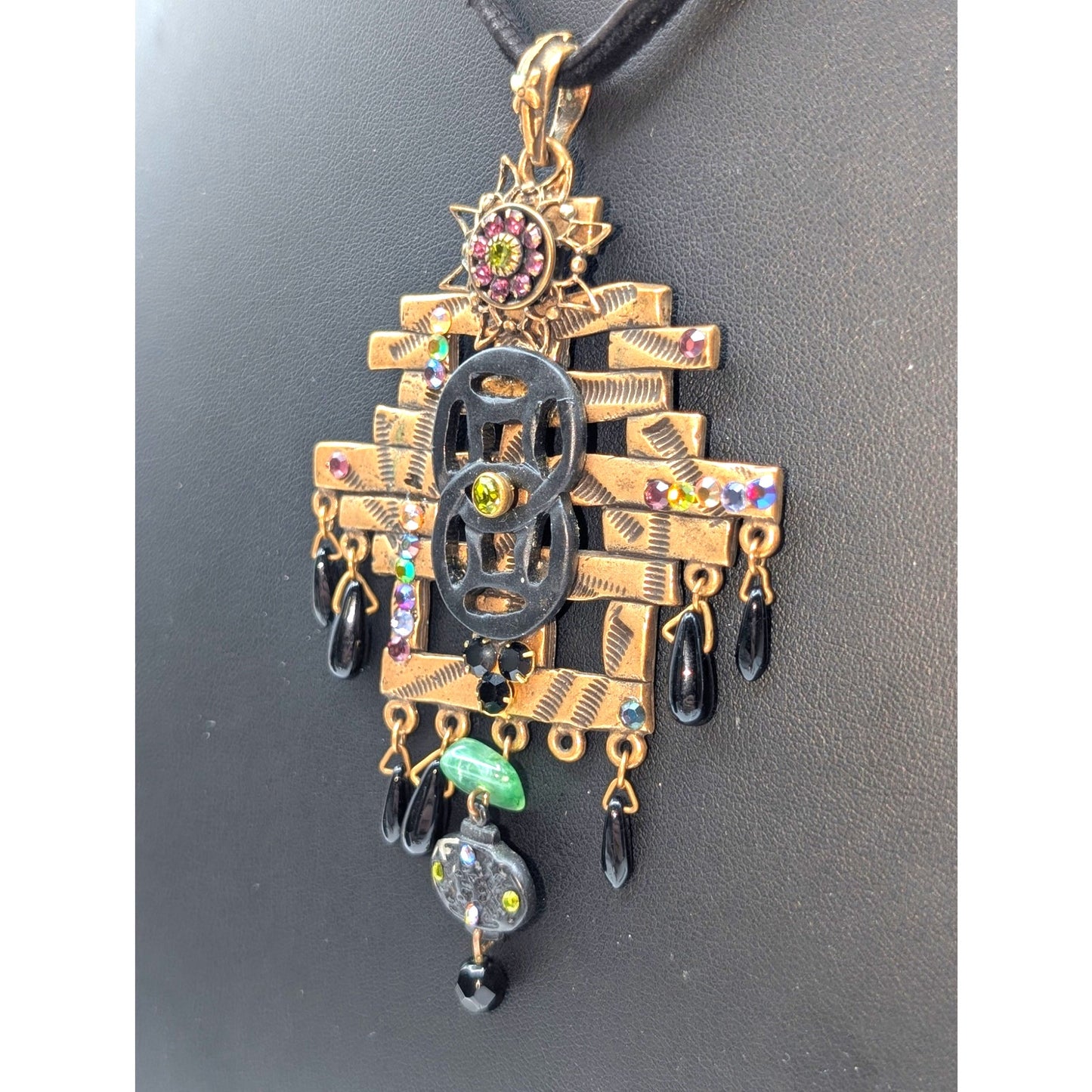 Chico's Antiqued Gold Rhinestone Dangle Double Leather Corded 30" Necklace