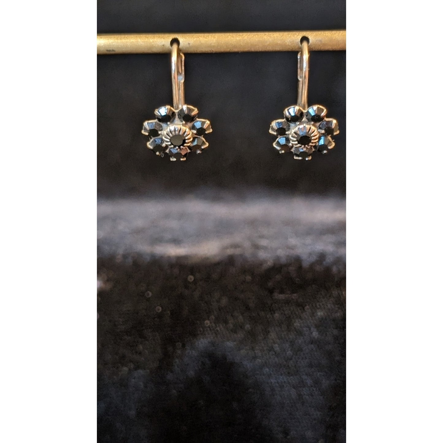 Silver Tone Black Crystal Flower Lever Back 1/4" Earrings