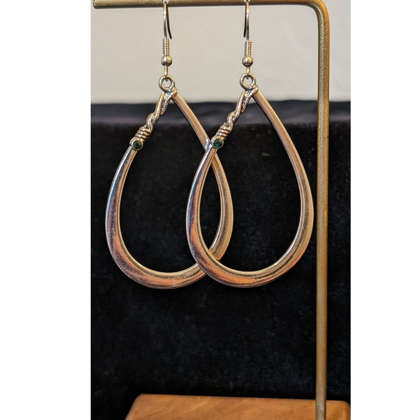 Silver Tone Teardrop 2.25" Dangle Green Crystal Earrings