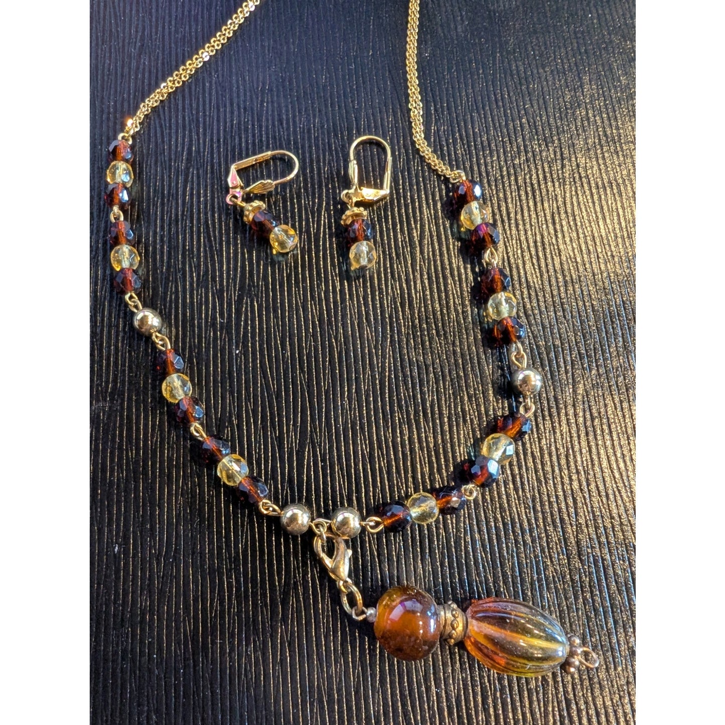 Gold Tone Cognac & Citrine Color 16.75" Necklace & Dangle Earring Jewelry Set