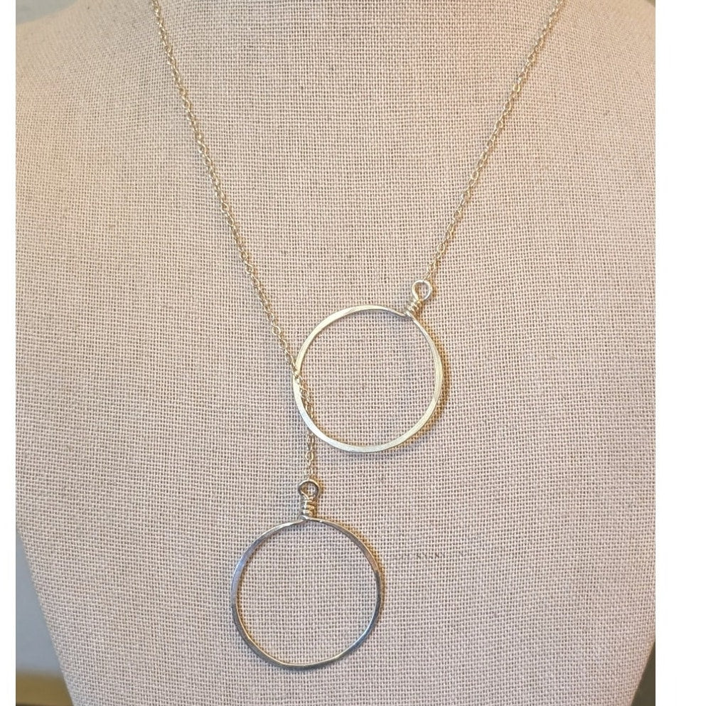 1.25" Medium Silver Forged Double Circle 18" Lariat Necklace