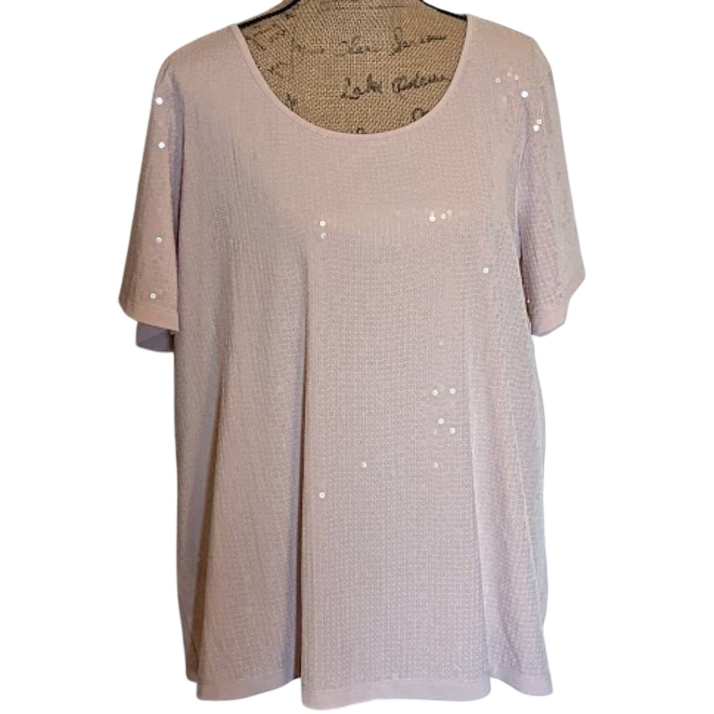 JOAN RIVERS Women's Size 2X Blush Sequined Short Sleeve Top