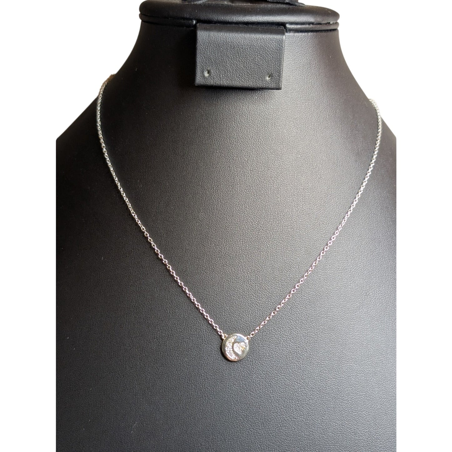 NWT Fine Silver Plated Heart Moon CZ Disc Chain Necklace