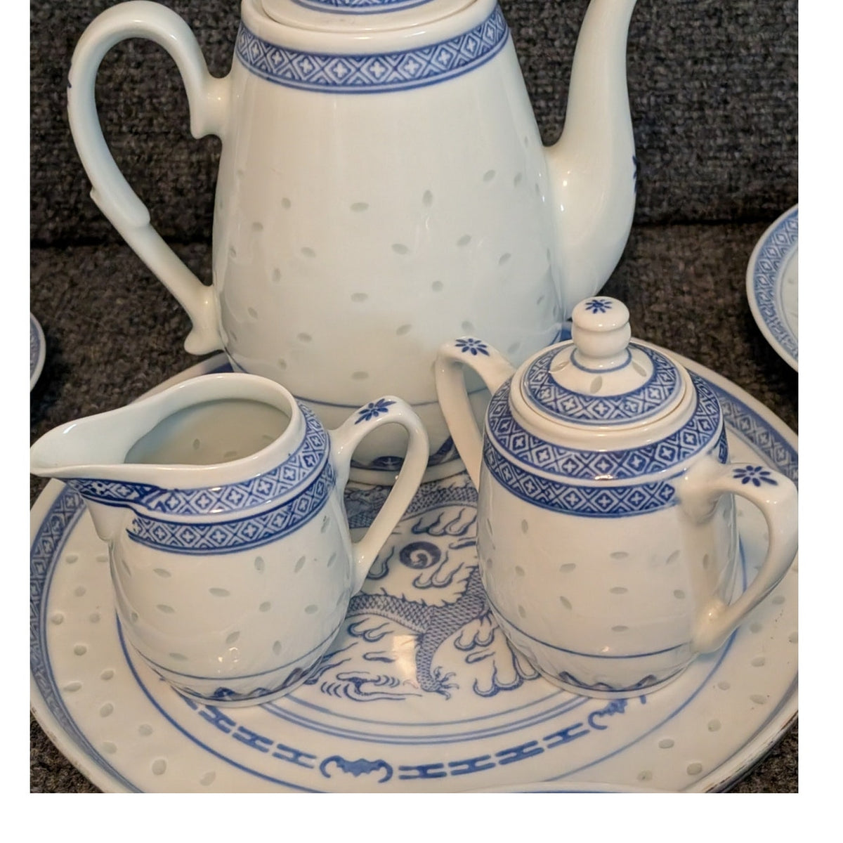 Vintage 1970s  Rice Grain Fifteen Piece Porcelain Blue White Dragon Tea Set