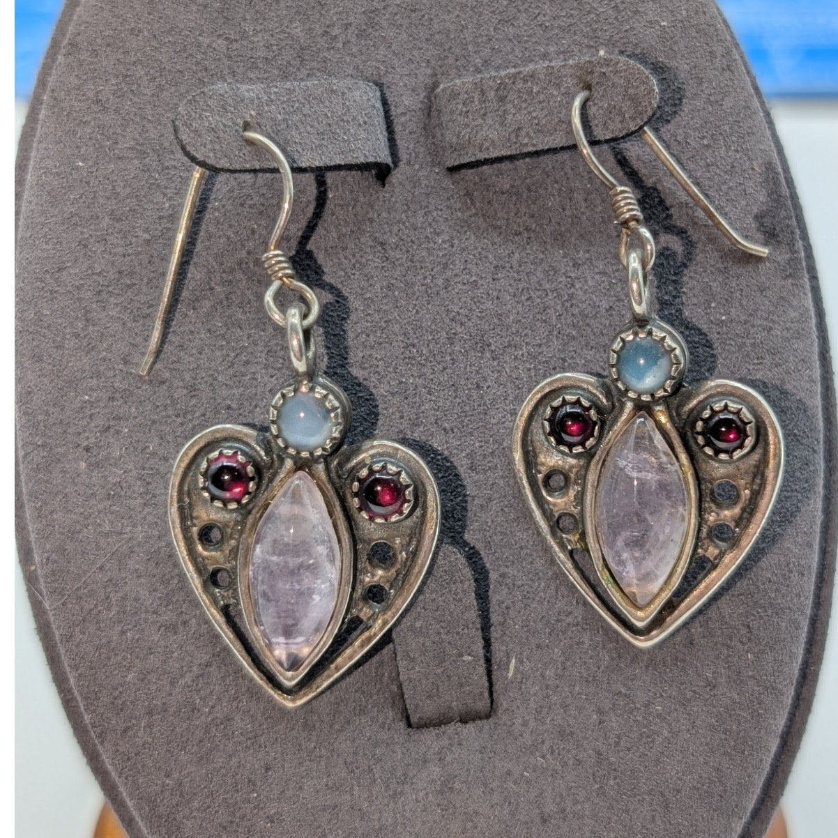 Uma 925 Sterling Silver Heart Dangle Gemstone Earrings