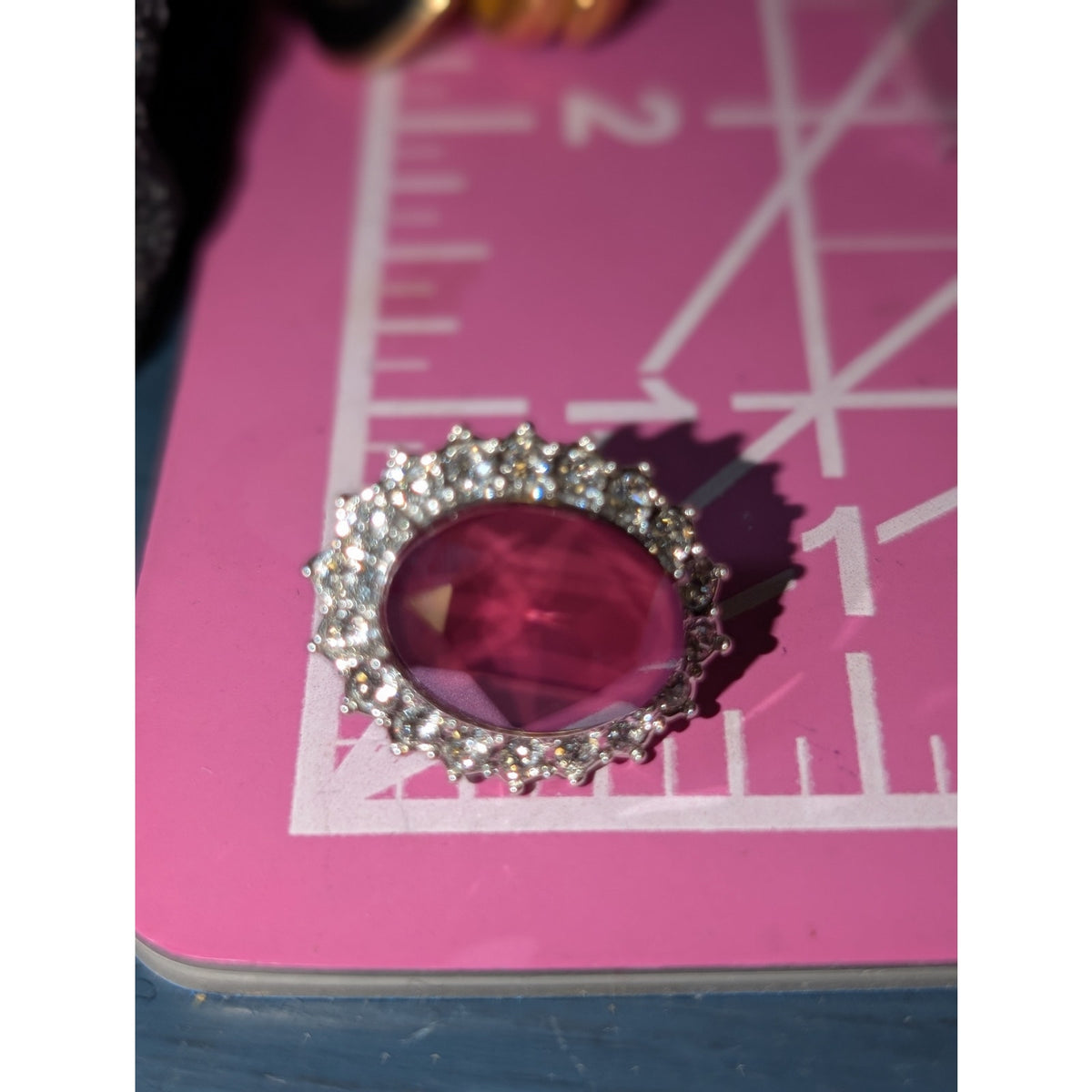Deep Mauve Oval Faceted Glass Stone W/ CZ Halo Surround Silver Tone Earrings