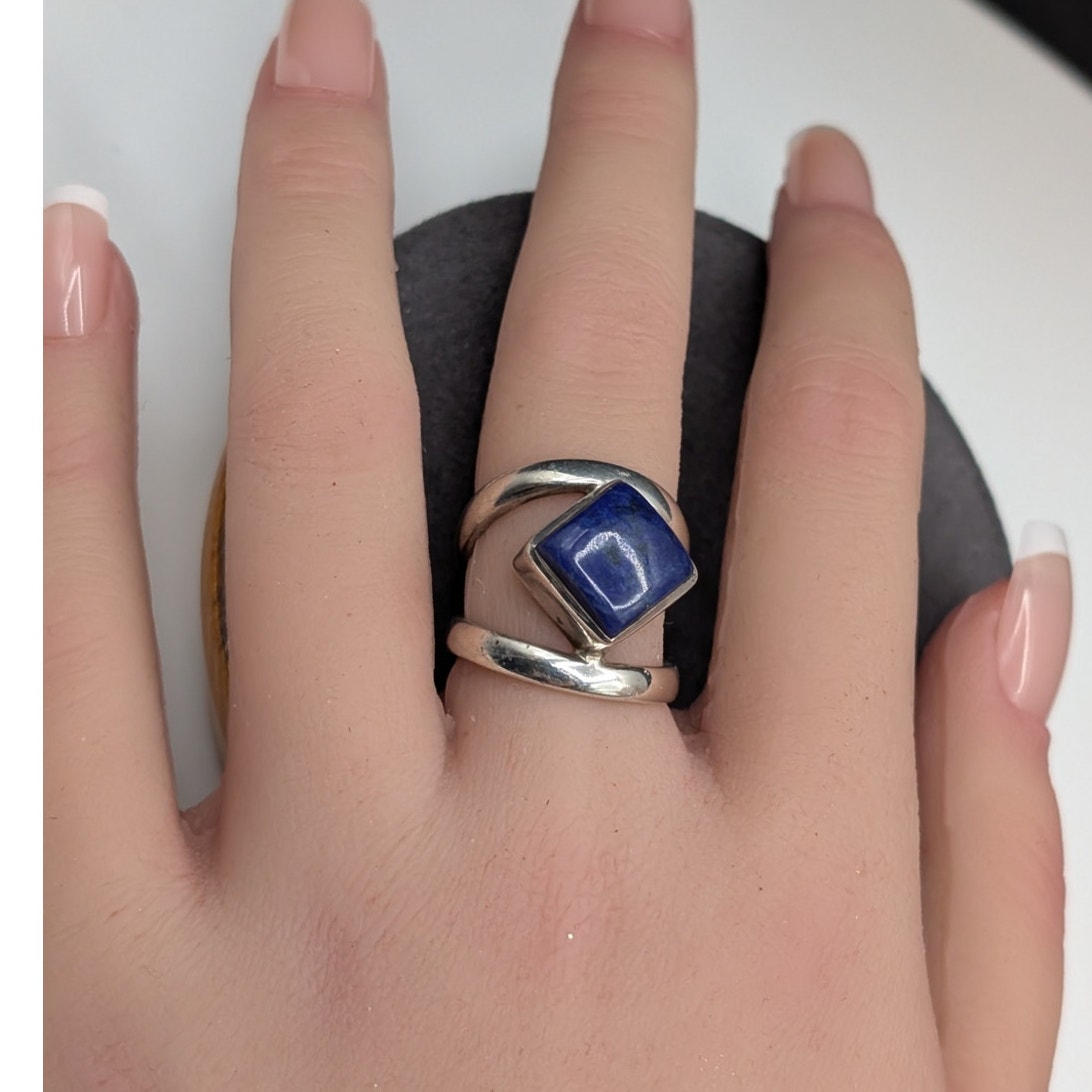 Vtg Arya 925 Sterling Silver Bezel Set Lapis Lazuli Split Shank Ring Size 5.5