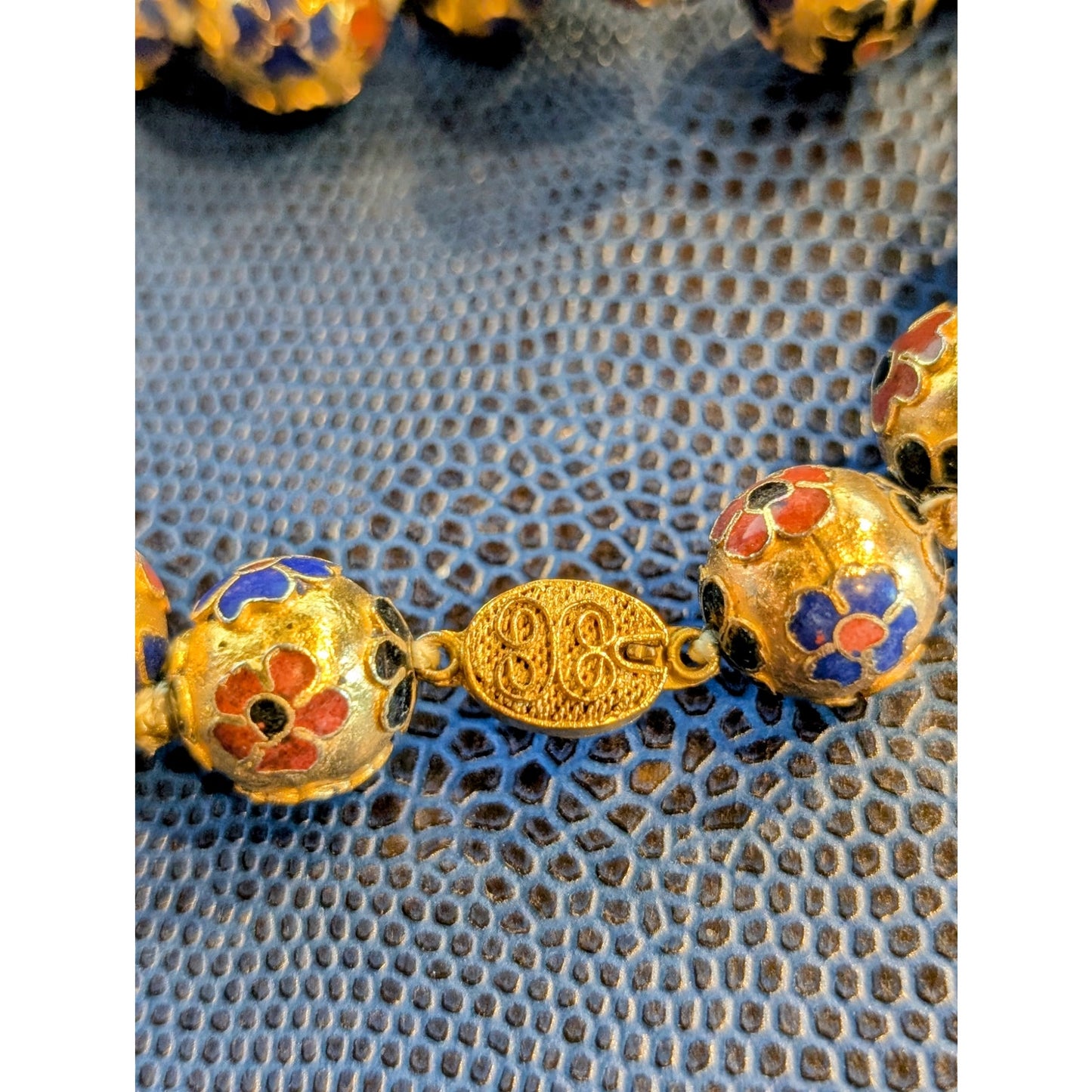 Antique Chinese Cloisonne Multi-Color Enamel Hand Knotted 14mm Bead Necklace