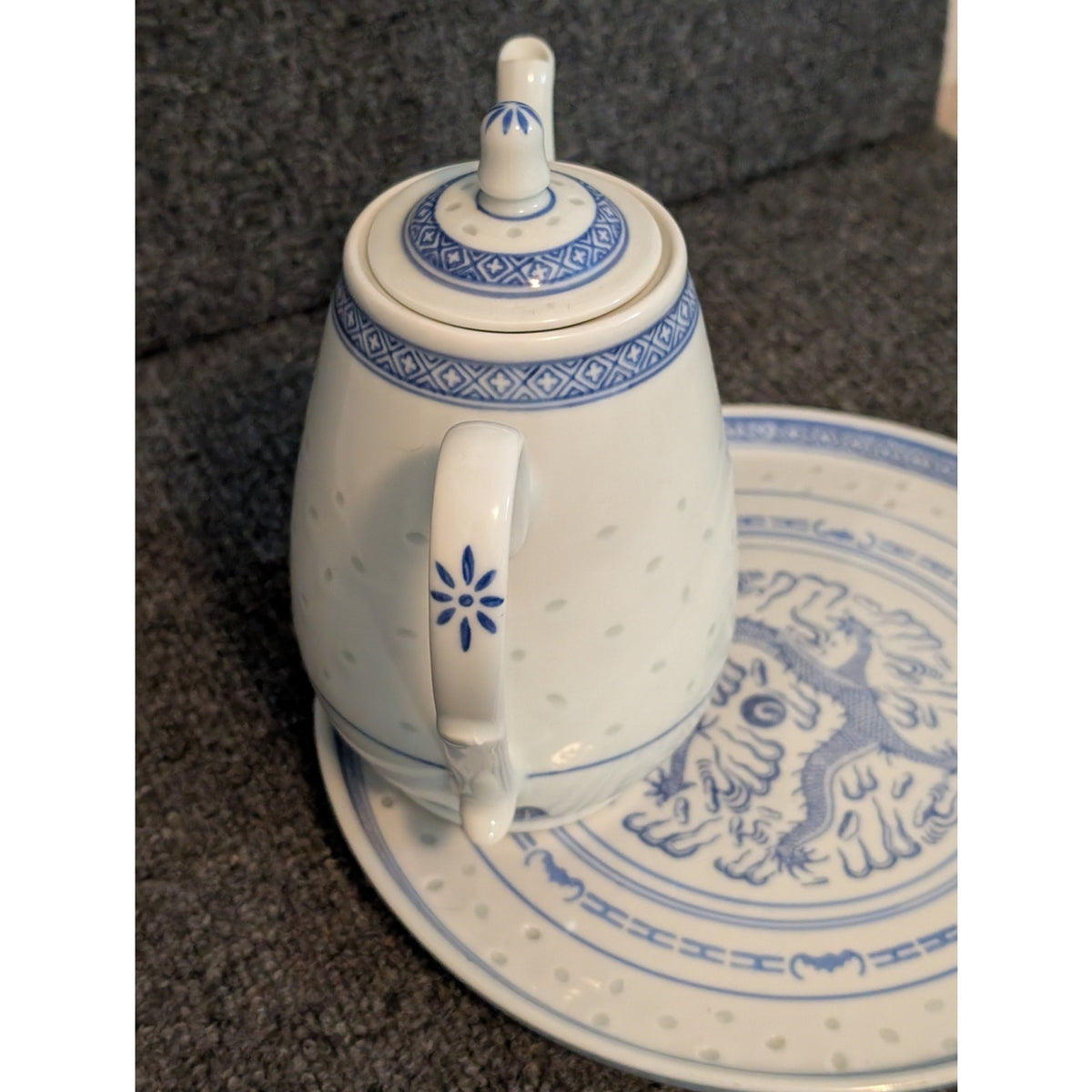 Vintage 1970s  Rice Grain Fifteen Piece Porcelain Blue White Dragon Tea Set