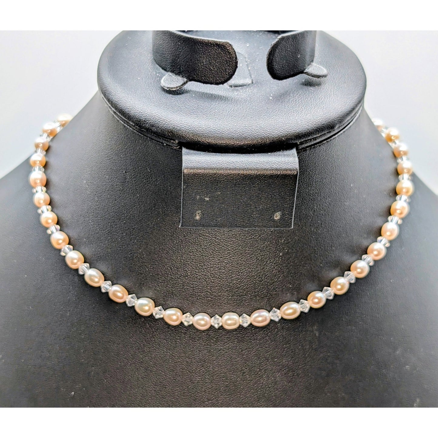 Pale Pink Freshwater Pearl Bicone Crystal Beaded 925 Sterling Silver Necklace