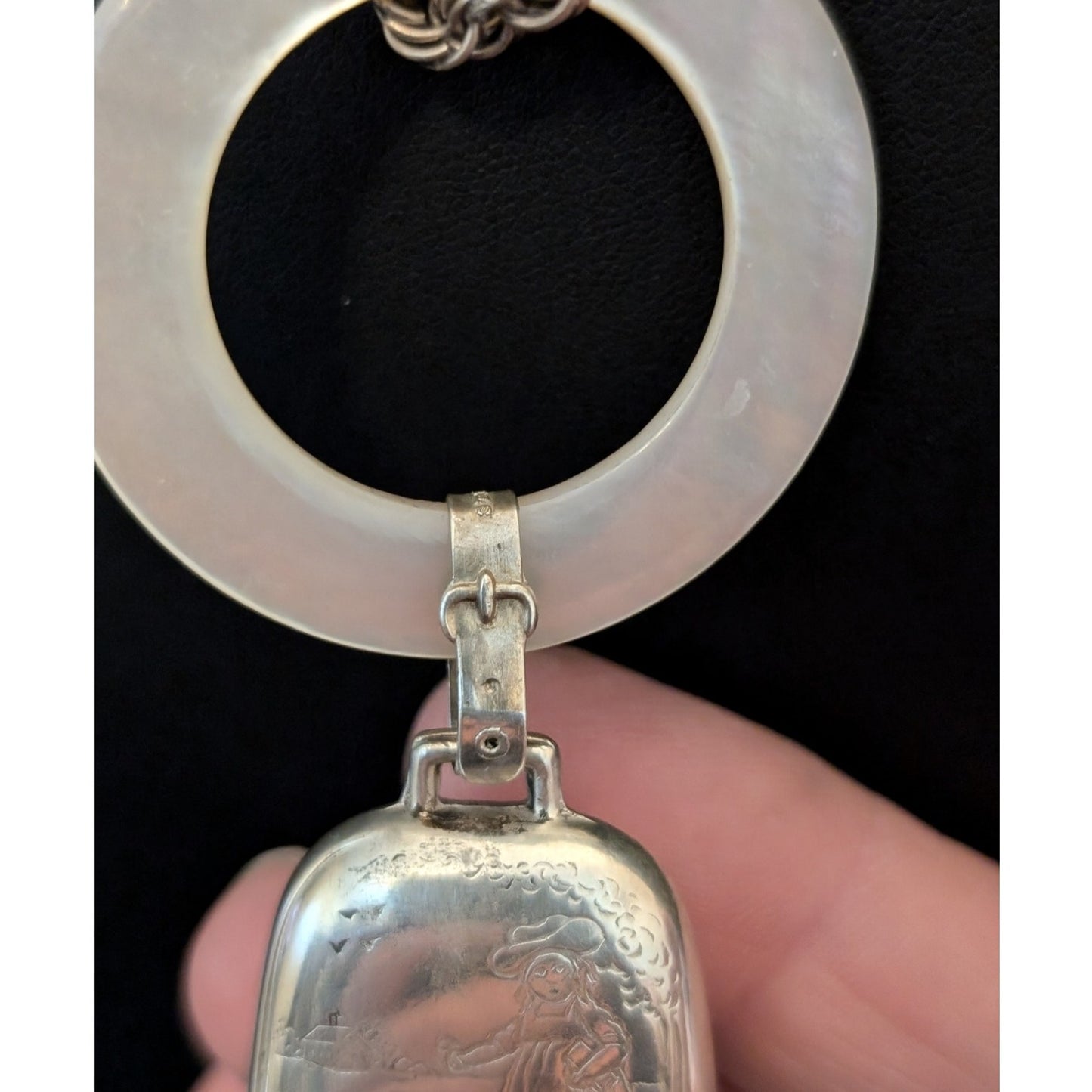 40s Sterling MOP Baby Teething Ring Mary Little Lamb Bell 26" Antique Rope Chain