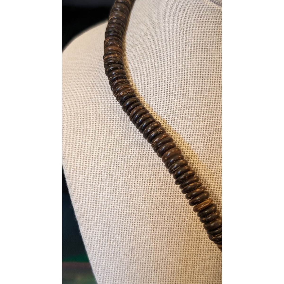 Vintage Brown Coconut Wood Bead Barrel Clasp 18.5" Necklace