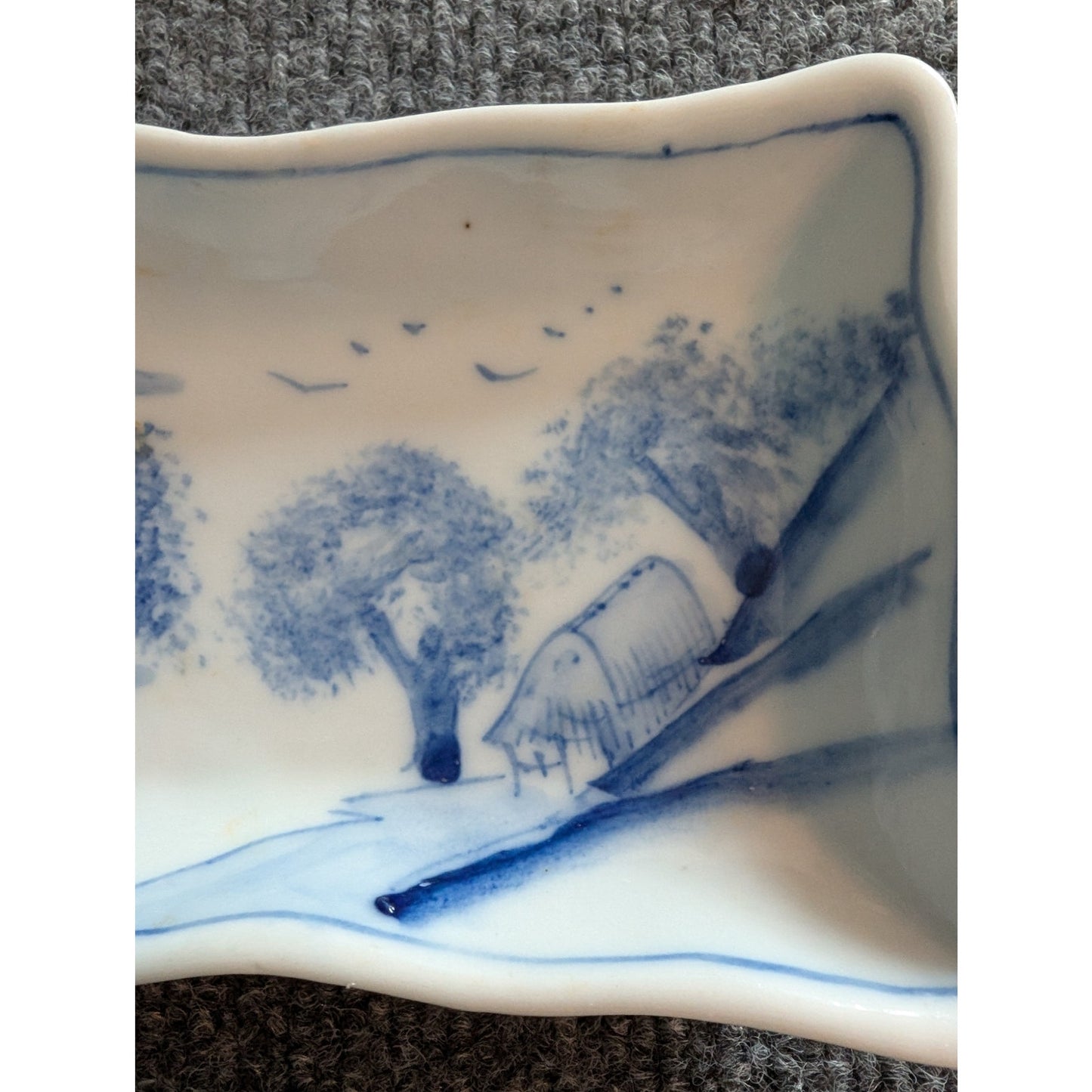 Antique Blue White Scalloped Edge Oblong Misty Landscape Painted Dish